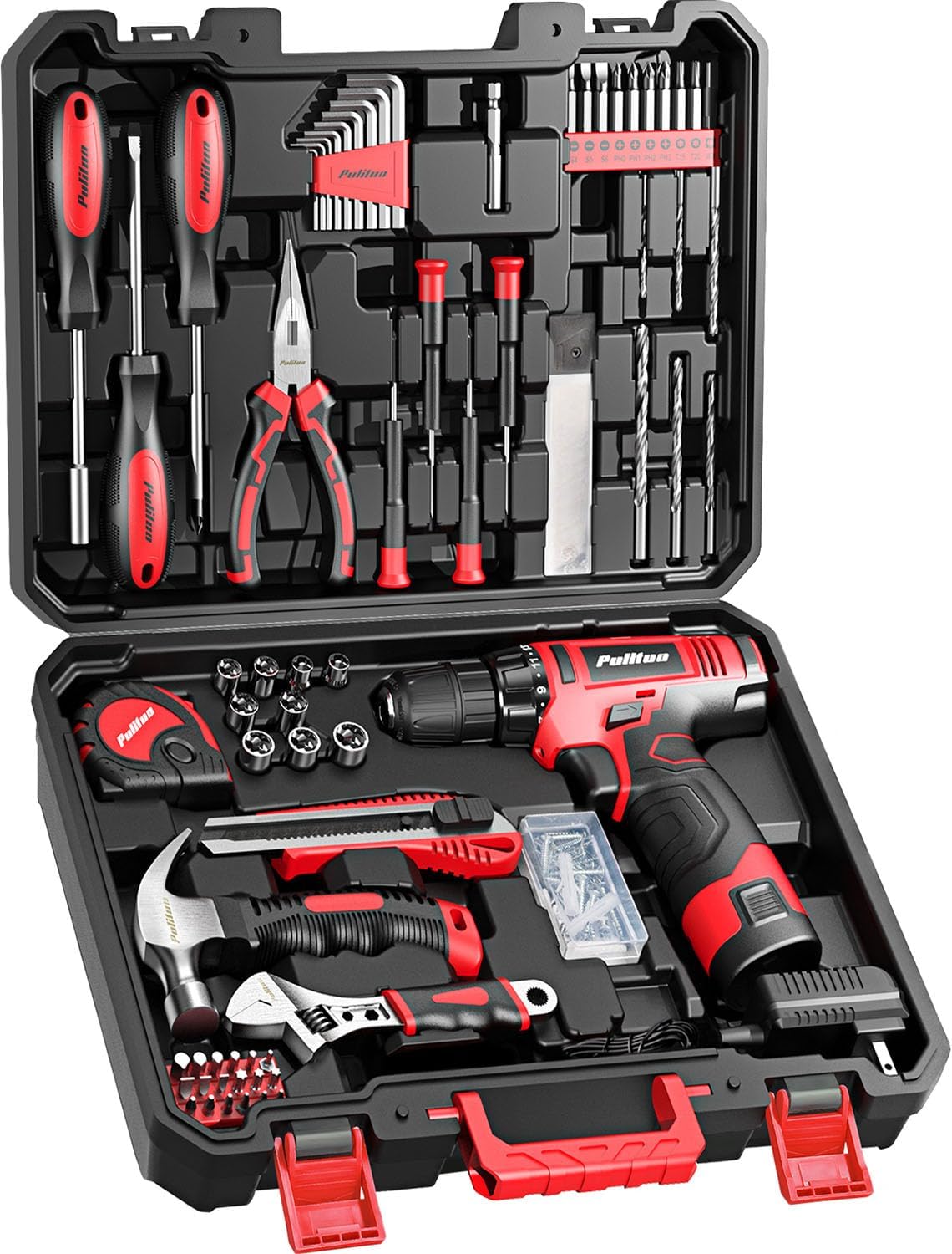 Detalle de PULITUO 149-Piece Home Drill Set with 12V Cordless Drill, LED Light and Tool Box