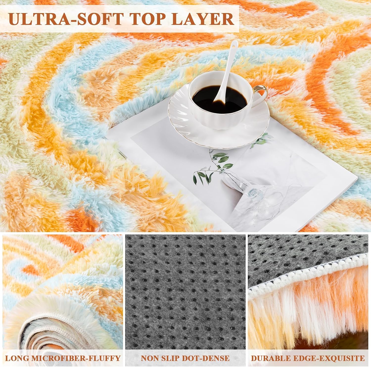Detalle de Enyhom Teppich Wohnzimmer Hochflor Regenbogenmuster, 120 x 160 cm, Orange – rutschfest und waschbar