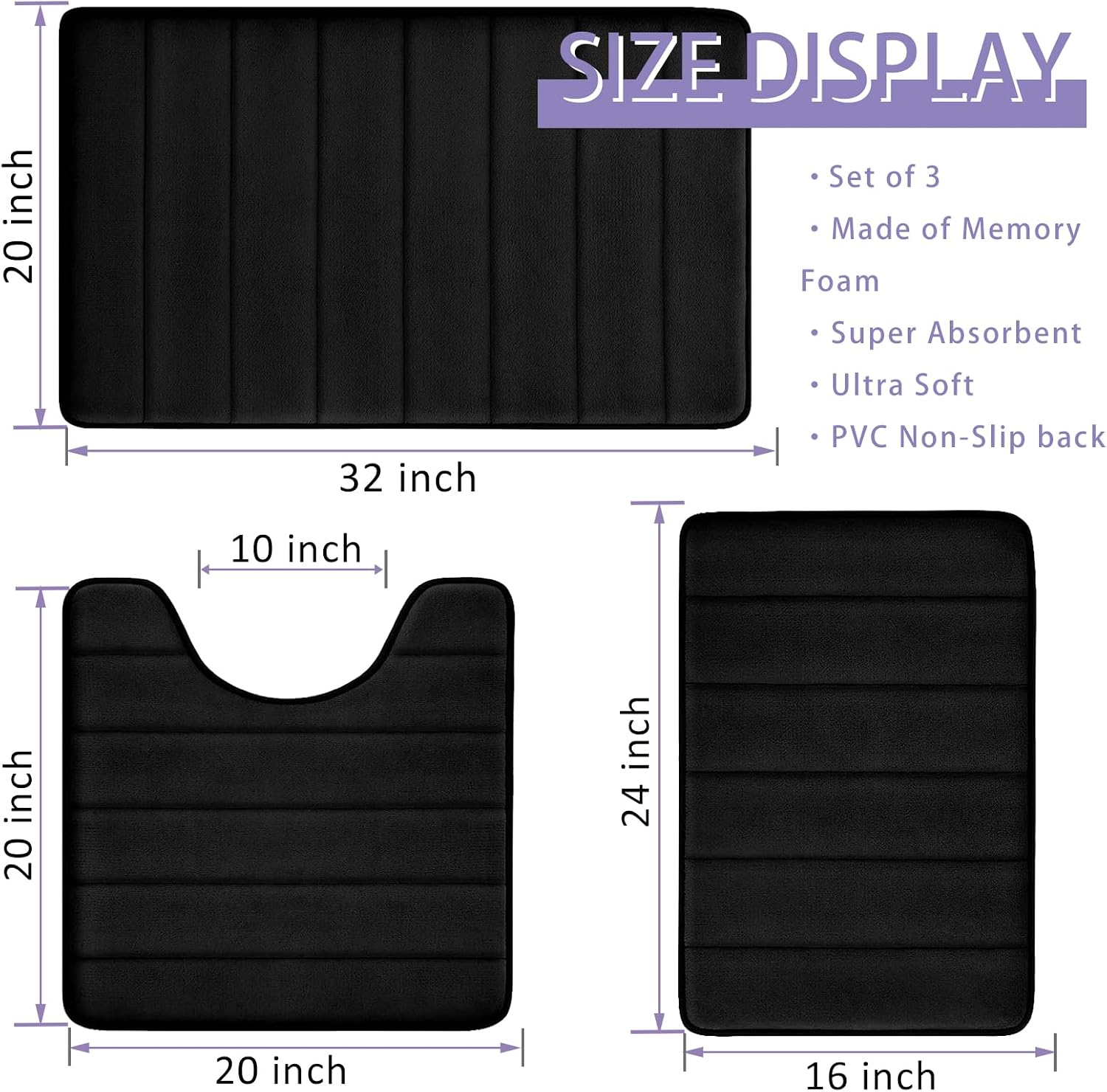 Detalle de RUN HELIX 3-Piece Memory Foam Bathroom Rug Set (Non-Slip, Washable) — Black