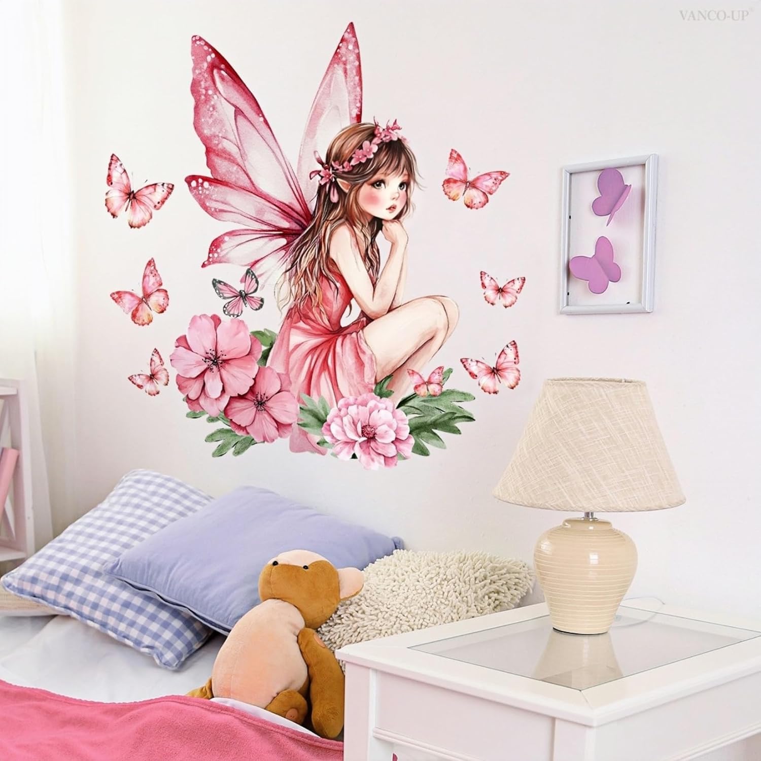 Thumbnail 3 de Flower Fairy Wall Stickers for Girls Room – Pink Floral Butterfly Wall Mural DIY PVC Decals (2 Sheets)