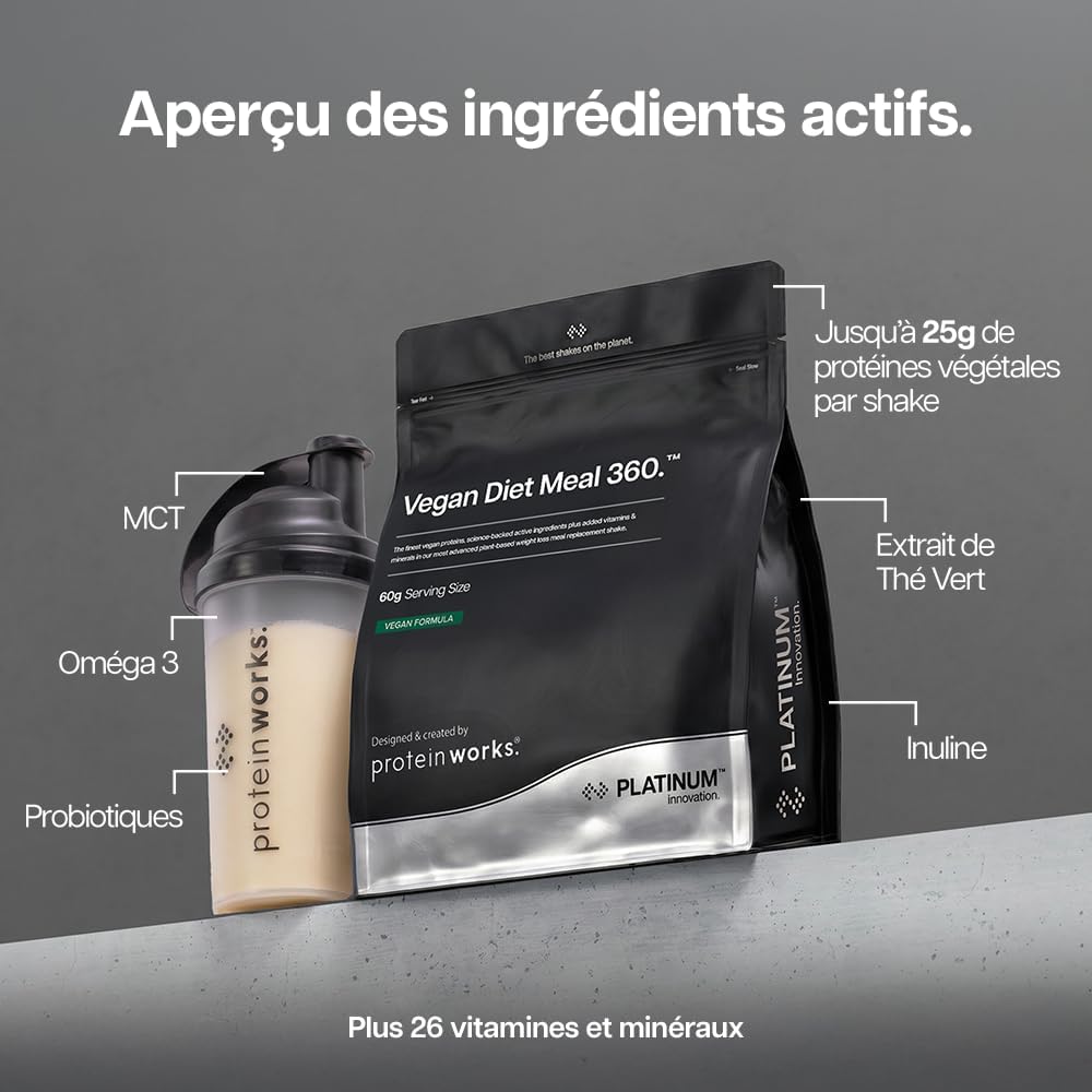 Detalle de Protein Works | Vegan Diet Meal 360 – PLATINUM Innovation, Shake Repas Dietétique Fraise à la Crème, 1 kg