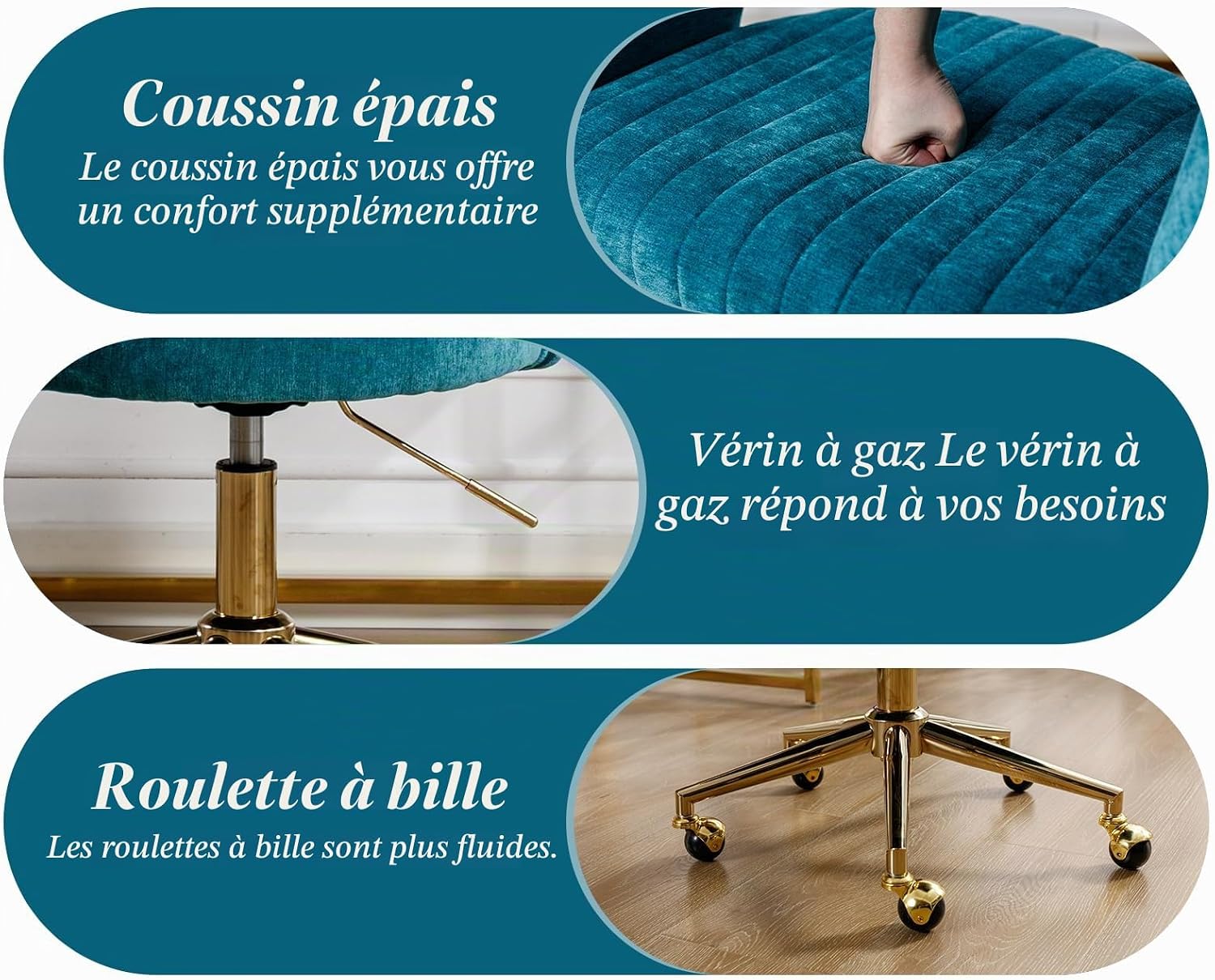Detalle de chairus 001 bureaustoel in blauwgroene chenille met open rug en draaifunctie