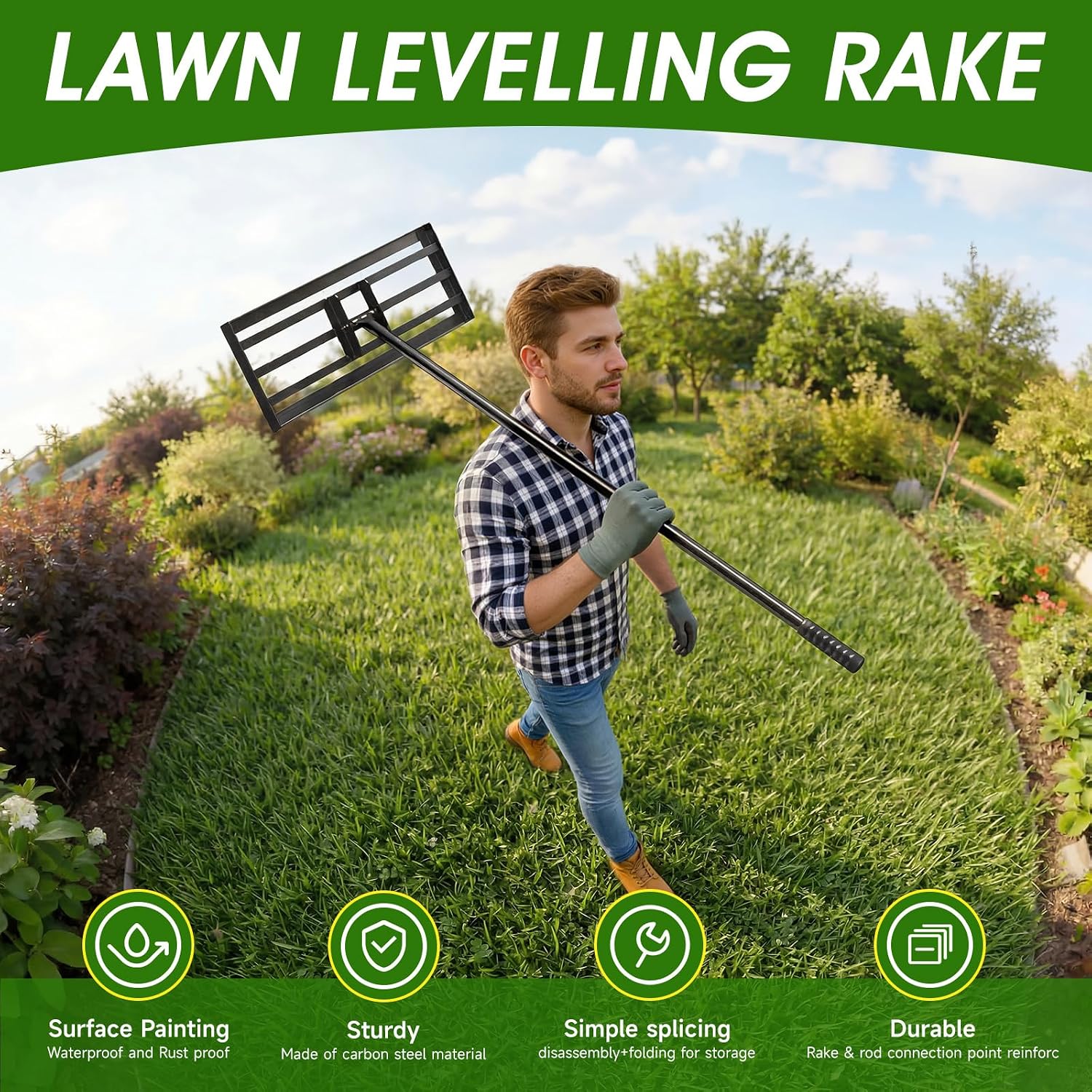 Detalle 2 de Lawn Leveling Rake – Adjustable Handle, Dual Plate Sizes, Level Soil & Sand Faster (3X) with Stable Heavy-Duty Design