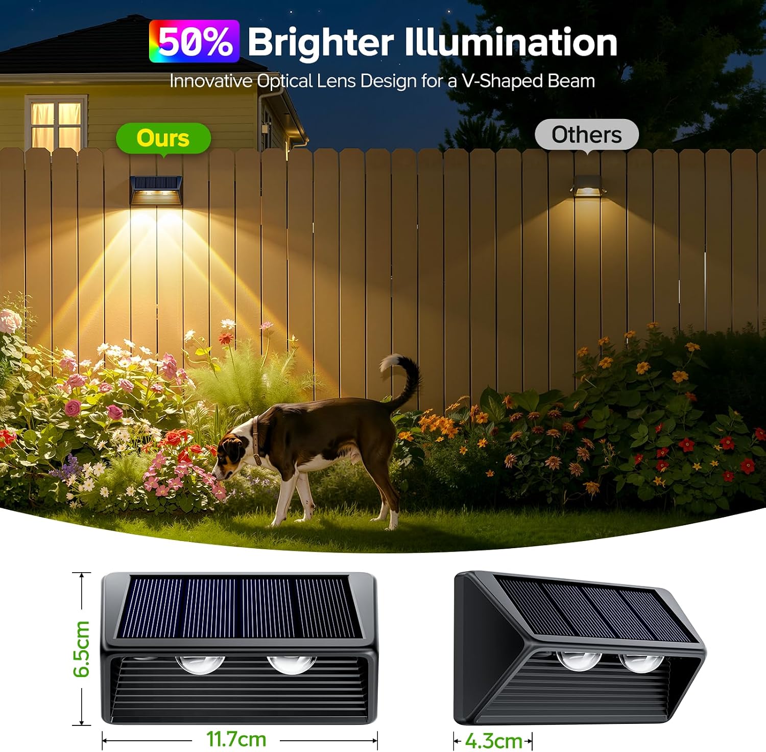 Detalle de BUCASA Solar Fence Lights Outdoor Garden 4 Pack: 3000K Warm + RGB Colour, 8 Modes, IP65, Solar Powered