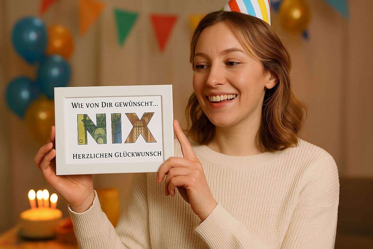 Thumbnail 1 de WALWI „Nichts Geschenk / NIX Geschenk“ im weißen MDF-Holzrahmen – lustiges Geldgeschenk mit Karte