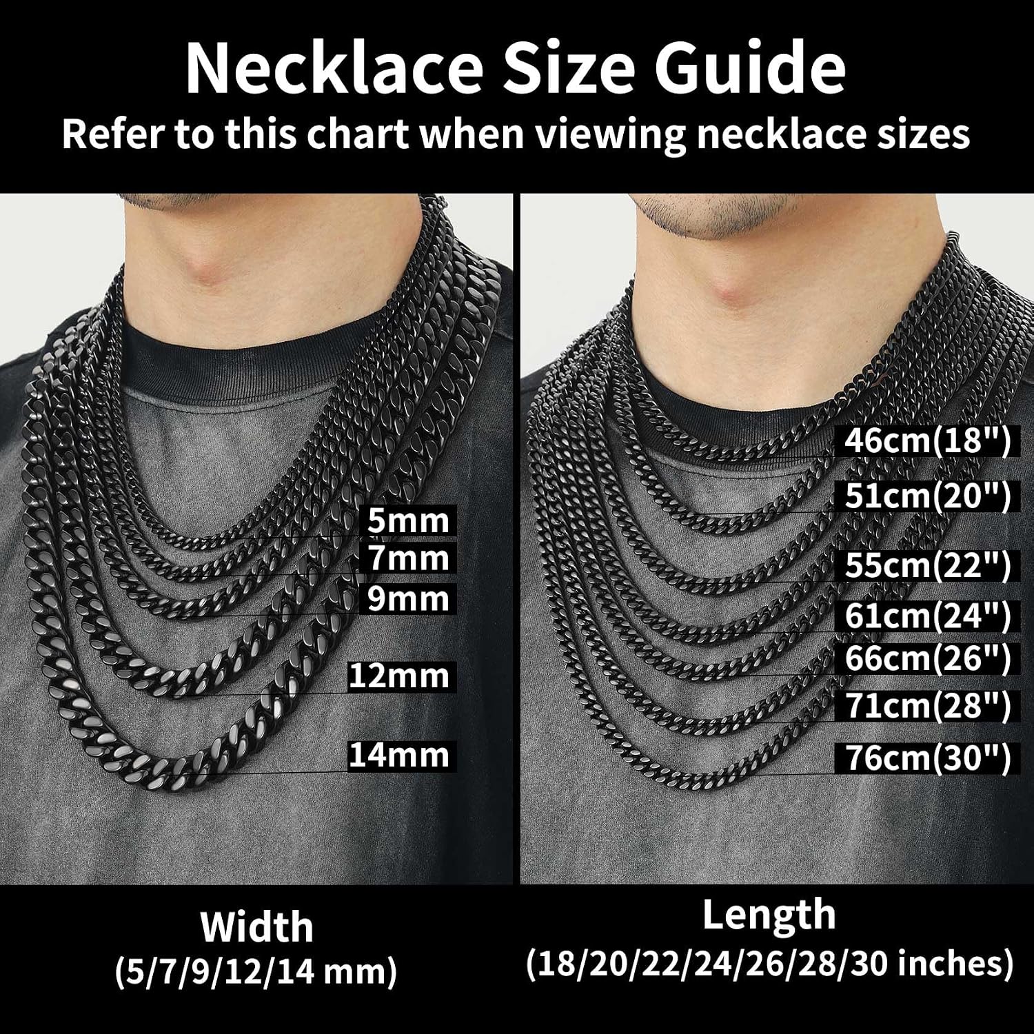 Detalle de ChainsHouse Stainless Steel Cuban Link Chain (Black with 18K Gold Plated) — 5mm to 14mm Width, 18" to 30" Length