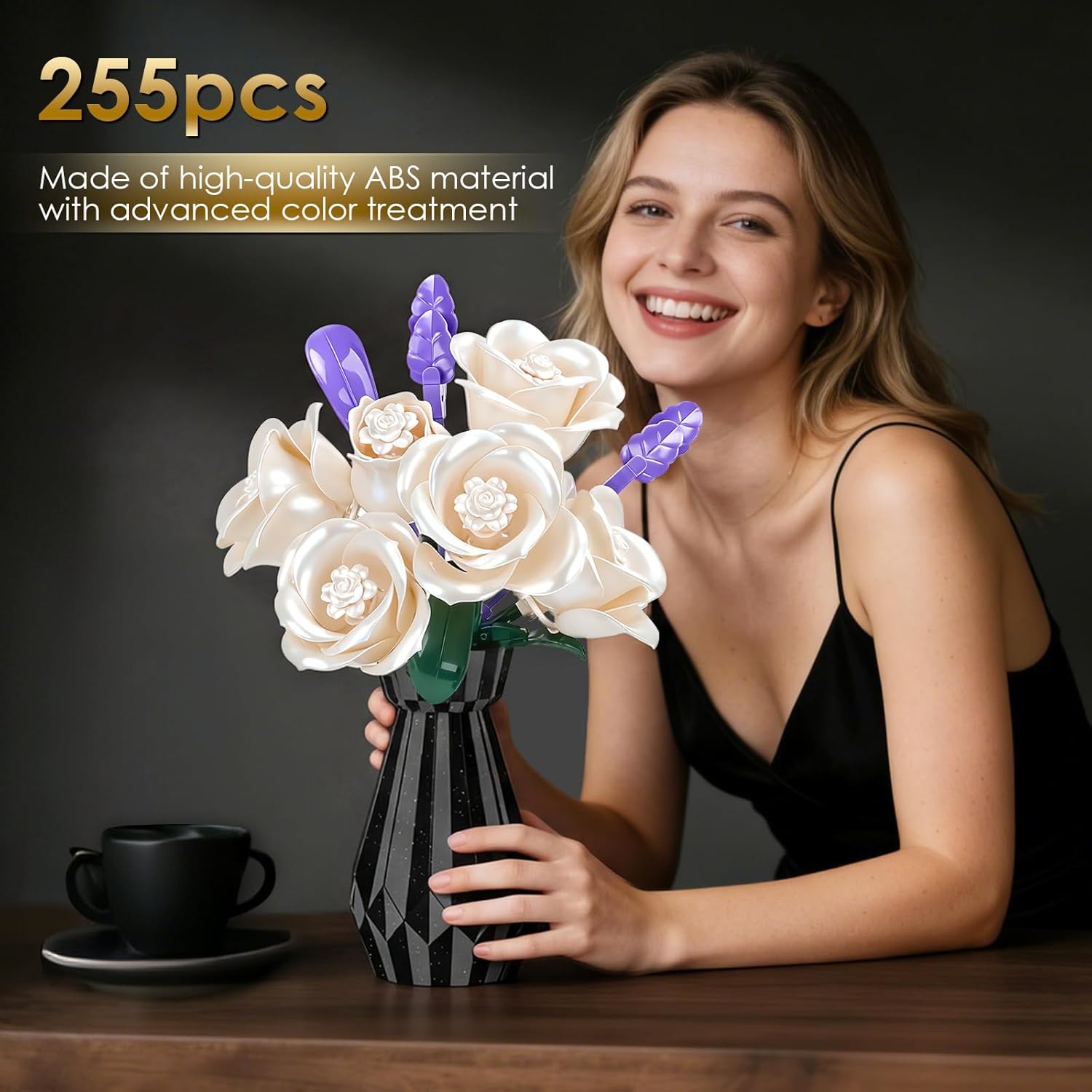 Thumbnail 1 de QYCHHJ White Roses Flower Bouquet Building Set with Vase – 256 Pcs