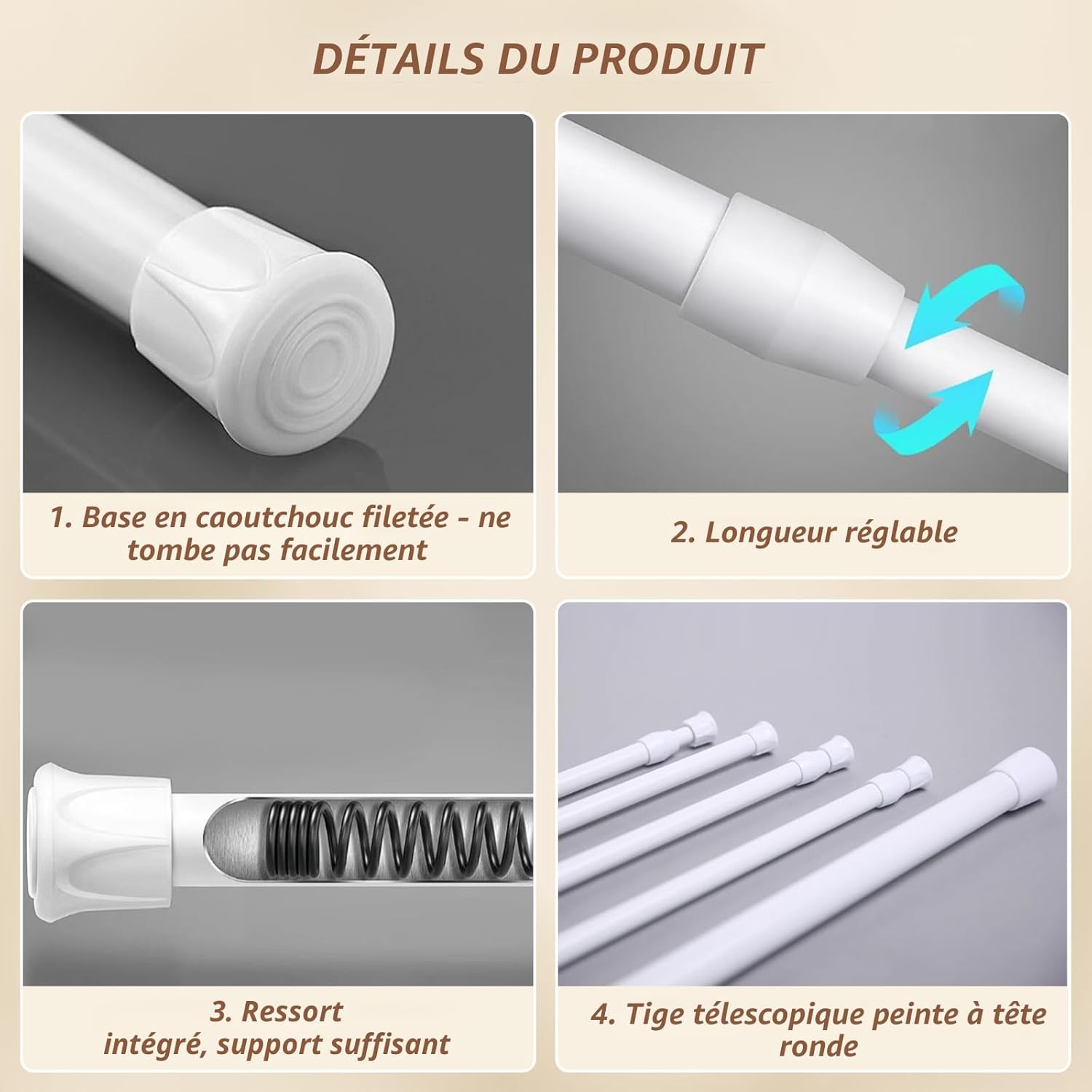 Detalle de Flintronic Tringle à Rideau télescopique 4 pièces, barre sans perçage 40–70 cm, Ø 13 mm