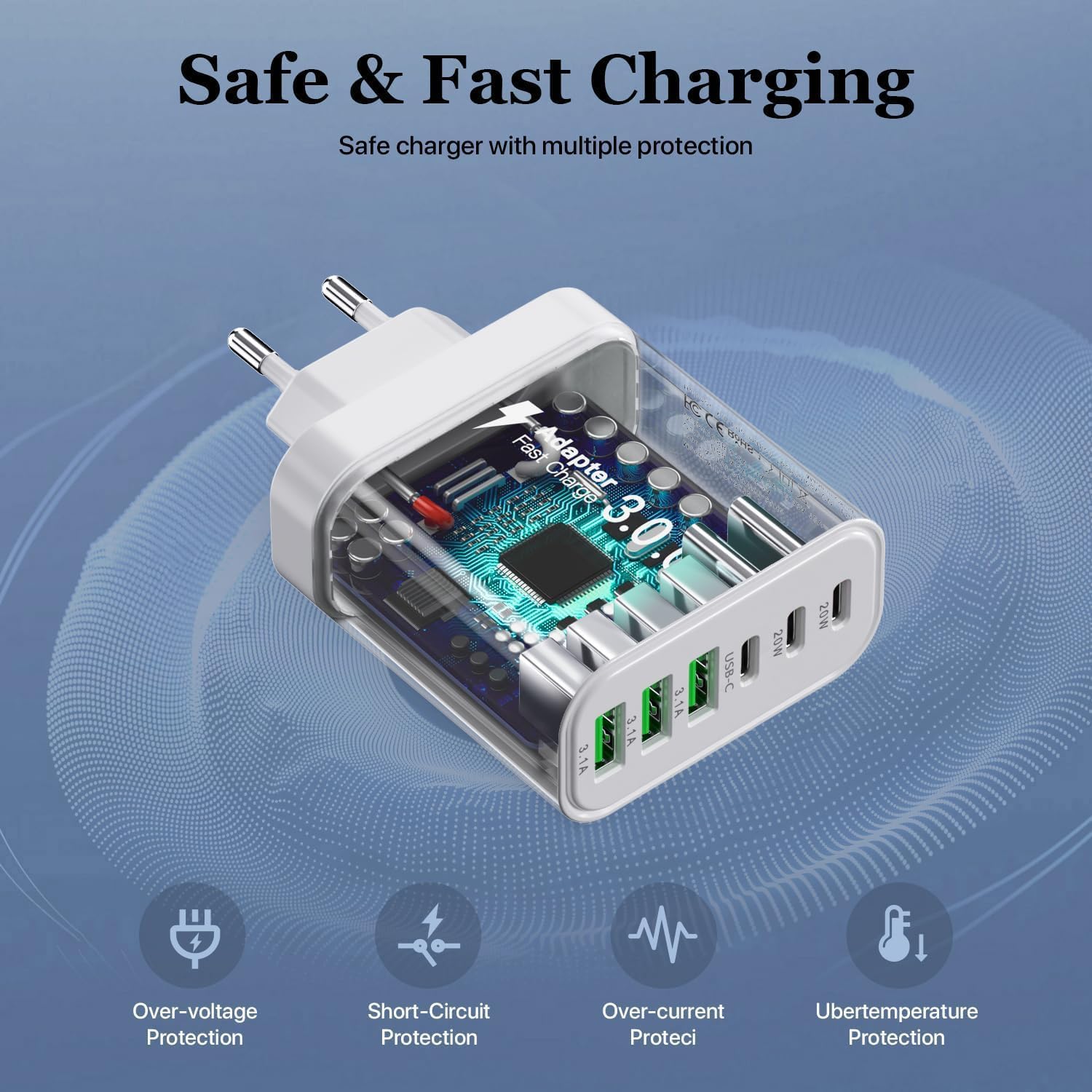 Detalle 2 de Caricatore USB C 52 W a 6 porte: ricarica rapida e versatile per smartphone, tablet e altro