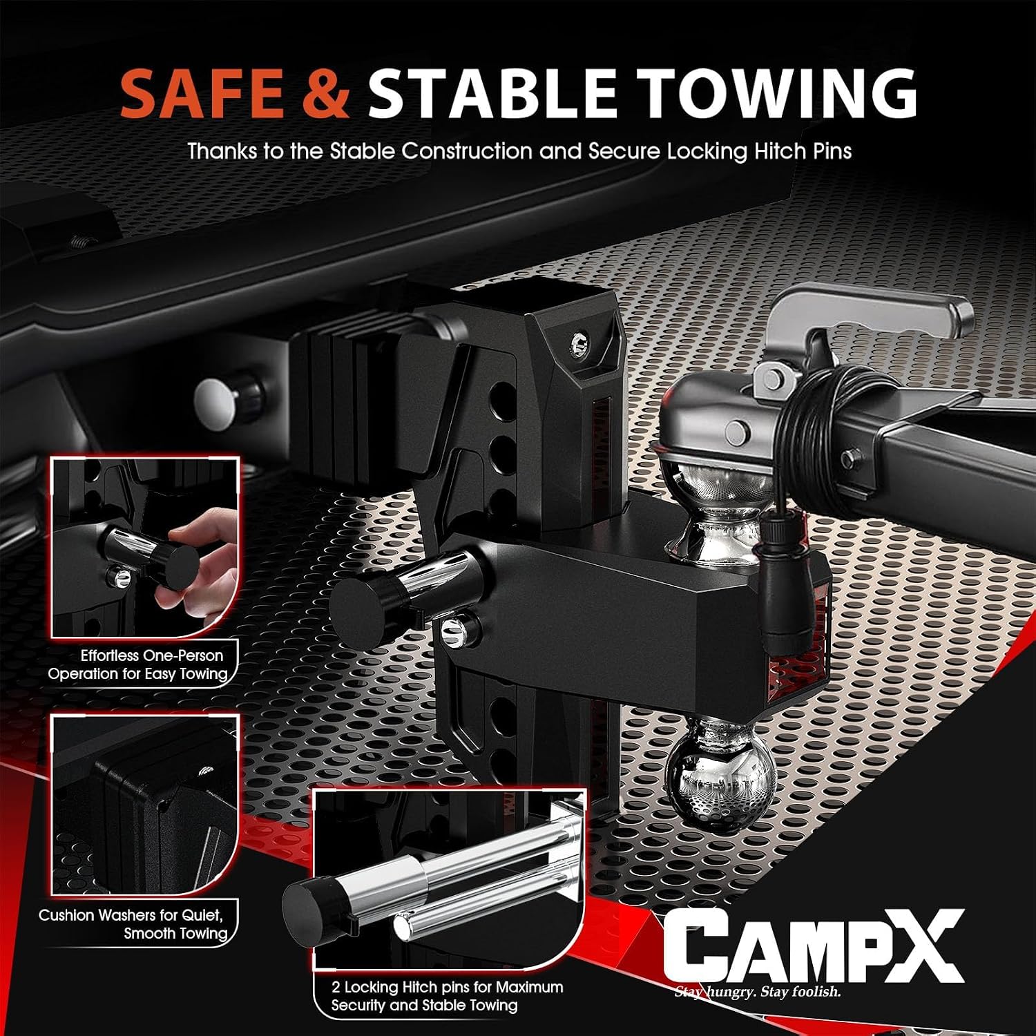 Detalle de CAMPX Adjustable Trailer Hitch for 2.5-inch Receivers (6" Drop/Rise) with Dual 2" and 2-5/16" Solid Balls