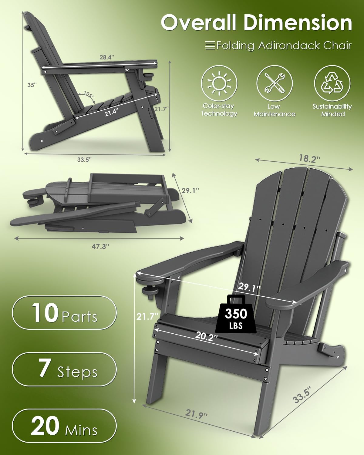 Detalle de GREENVINES HT-OC-AD Folding Adirondack Chairs, 2-Pack, Gray HDPE