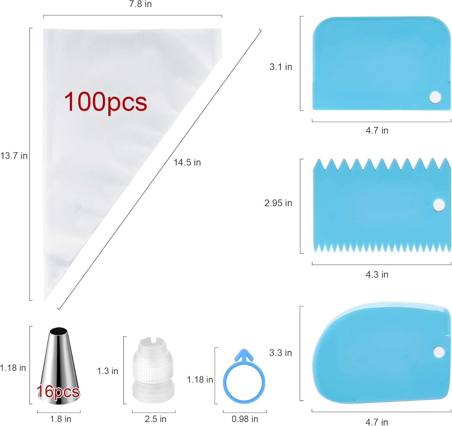 Detalle de Piping Bags and Tips Set (100 Disposable 12-Inch Pastry Bags, 16 Stainless Steel Tips, 2 Couplers) with Scrapers & Bag Ties