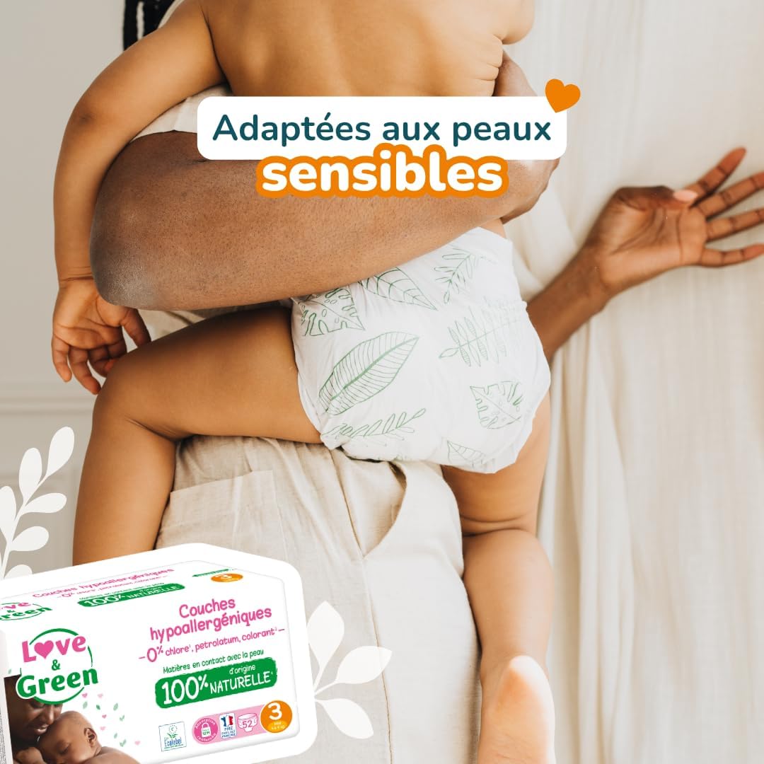 Detalle de Love & Green Couches Bébé Saines et Écologiques – Taille 3 (4-9 kg) – Pack 1 Mois (208 couches)