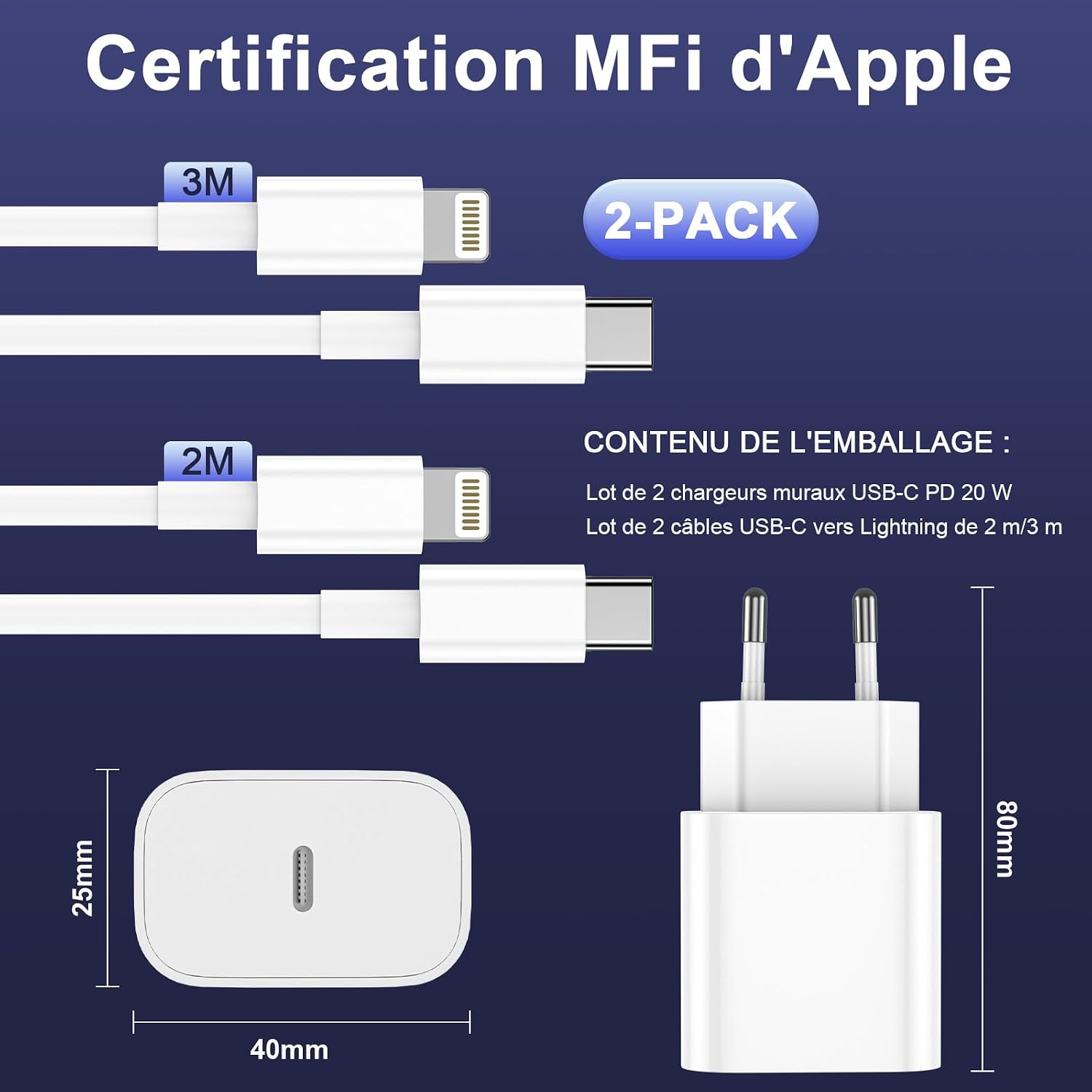 Detalle 2 de Chargeur iPhone 20W en duo avec câbles Lightning 2 m & 3 m certifiés MFi – Ailawuu