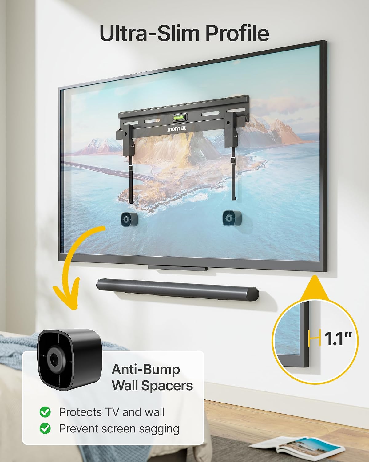 Thumbnail 6 de monTEK No Stud TV Wall Mount for 23-65 Inch Flat & Curved TVs (Up to 132 lbs) — No Drill, Low Profile