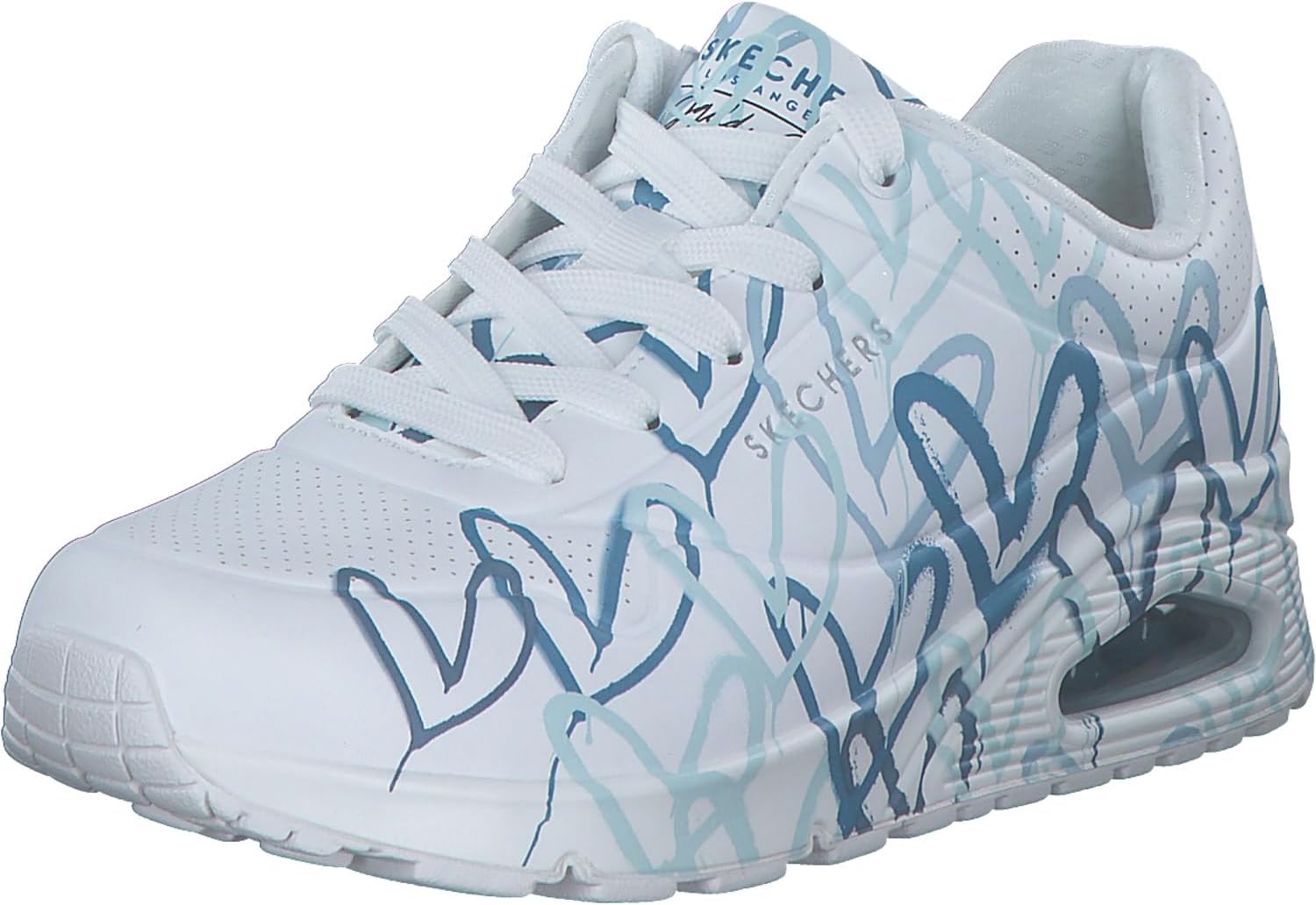 Detalle de Skechers Damen UNO Spread the Love Trainer – White Duraleather, Blue Heart Print Trim, Größe 39 EU