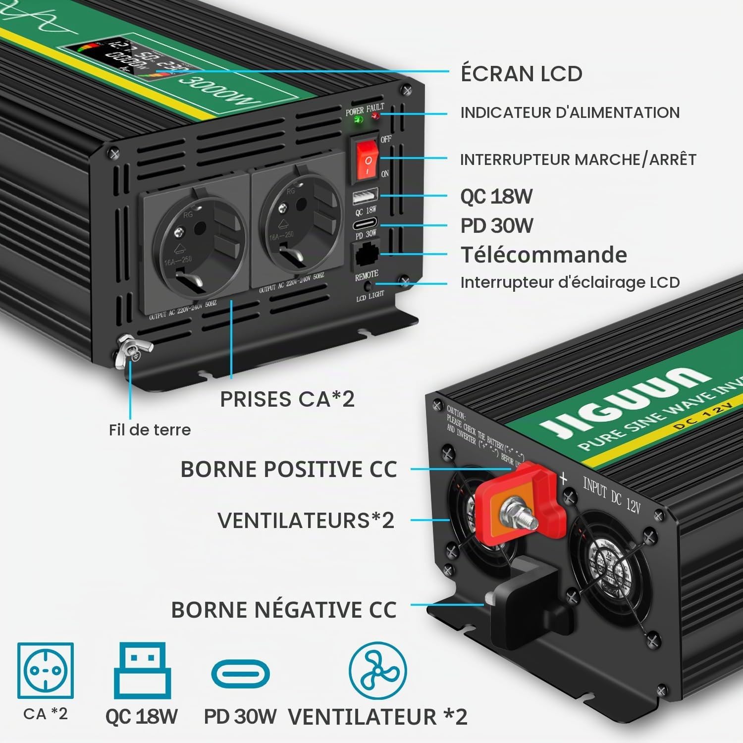 Thumbnail 6 de JIGUUN JGO omvormer 3000 W met zuivere sinus, piekvermogen 6000 W en afstandsbediening
