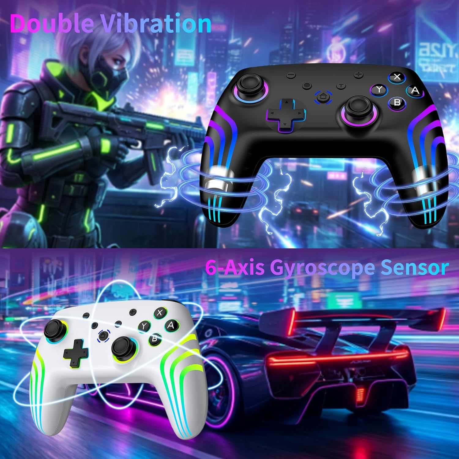 Detalle de VidPPluing 2 Pack Switch Controllers: RGB Wireless Pro Controllers for Switch, Switch 2, Lite, and OLED