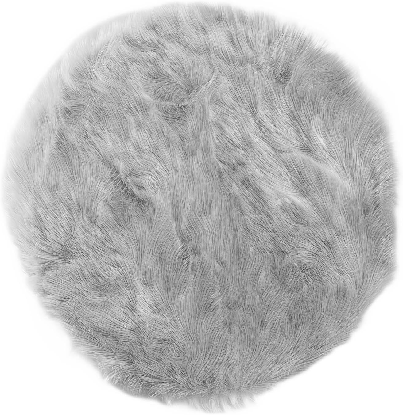 Detalle de Latepis 3ft Round Faux Sheepskin Fur Rug in Grey (Washable, Fluffy Bedroom Rug)