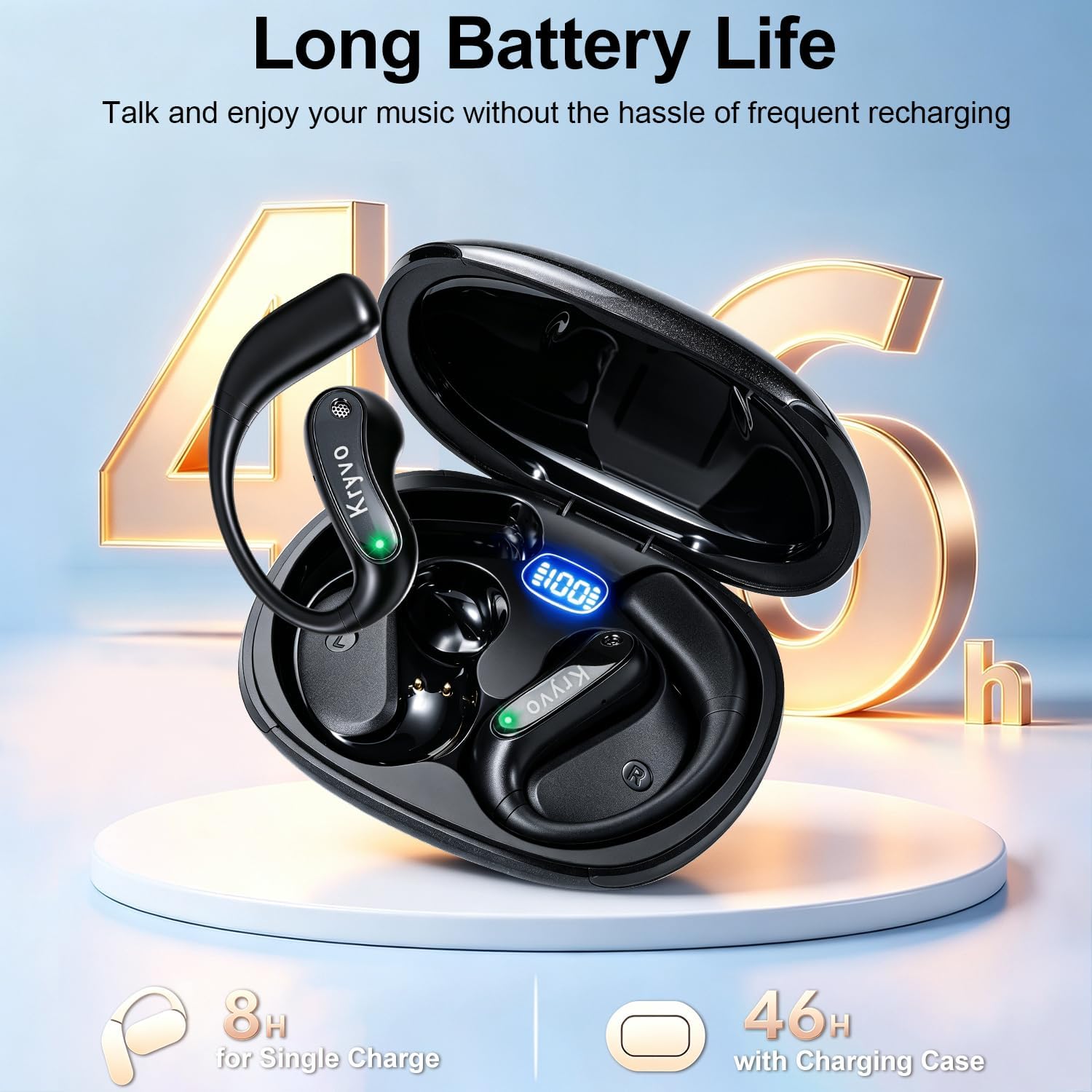 Detalle de Kryvo JM37 Open-Ear Headphones with Earhooks, Bluetooth 6.0 and 46-Hour Battery