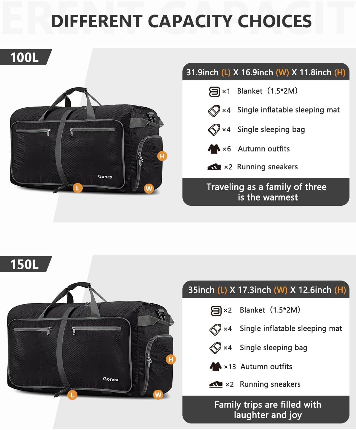 Detalle de Gonex 100L Large Foldable Travel Duffle Bag with Shoes Compartment – Lightweight, Water-Repellent Weekender