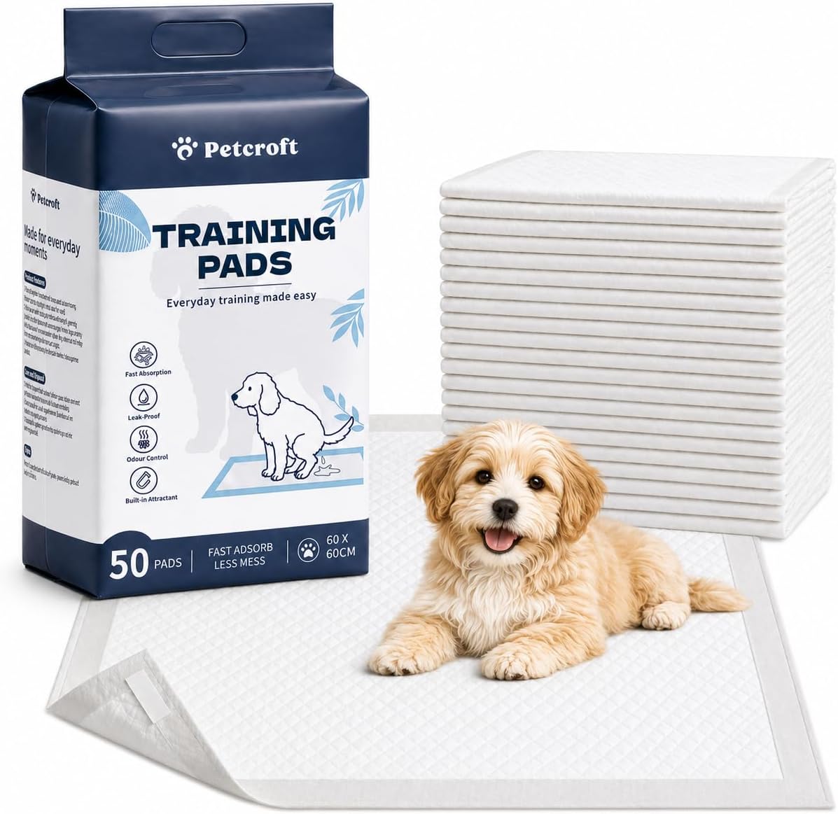 Detalle de Petcroft Puppy Training Pads 60 × 60 cm (Pack of 50) with Sticky Tabs