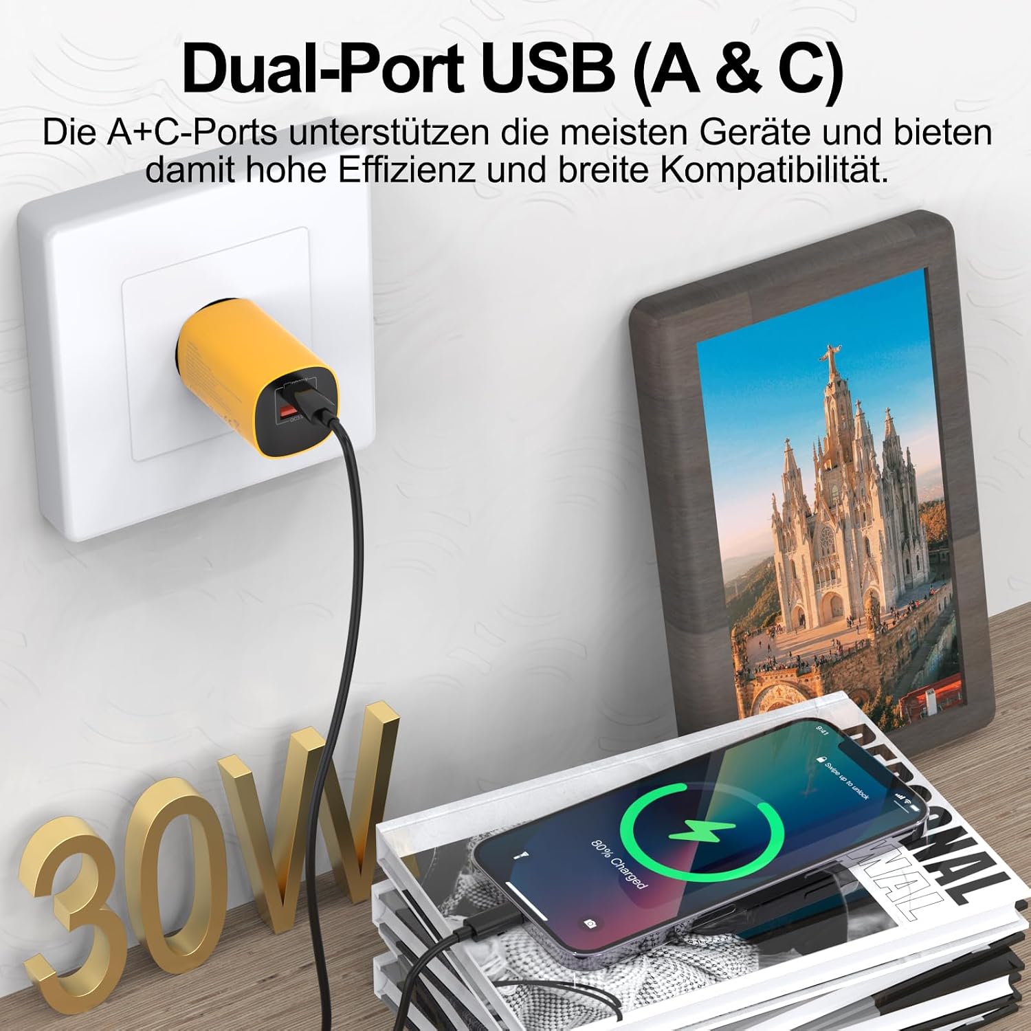 Detalle de USB‑C GaN Ladegerät 30 W mit Power Delivery + QC 3.0 und USB‑A/GaN-Design (2‑Port) – Kompakt & schnell