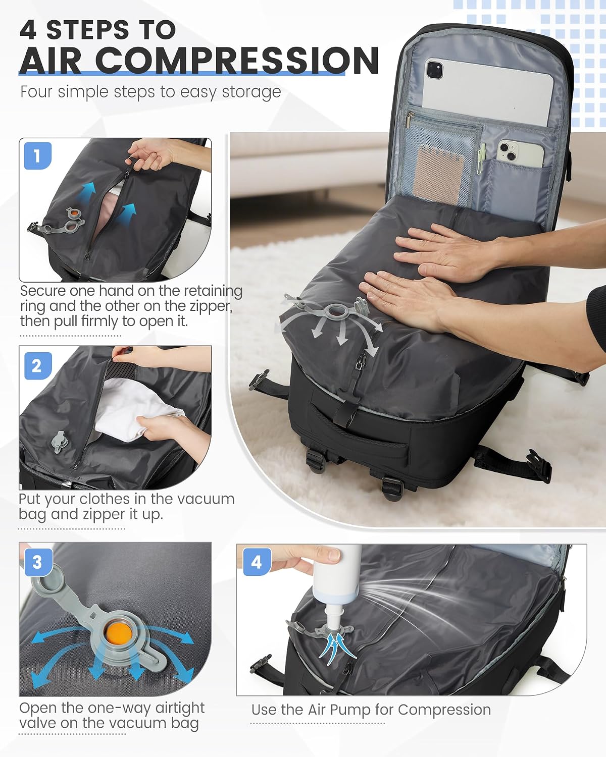 Thumbnail 3 de SEAFEW Zaino Sottovuoto da Viaggio 40x30x20 con Pompa – Nero, 14" Laptop