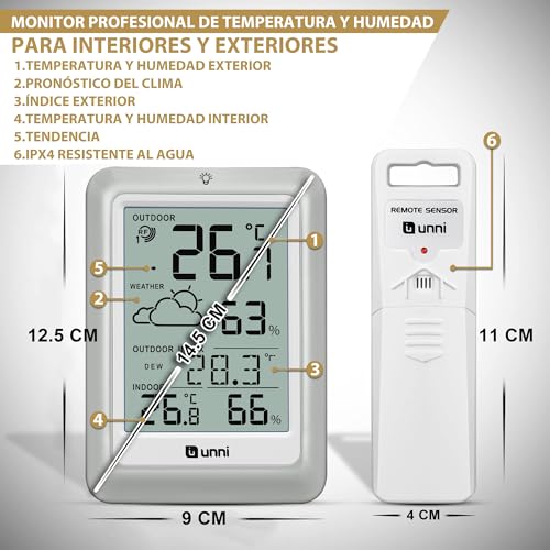 Thumbnail 4 de U UNNI Termómetro inalámbrico para interiores y exteriores con sensor remoto y retroiluminación