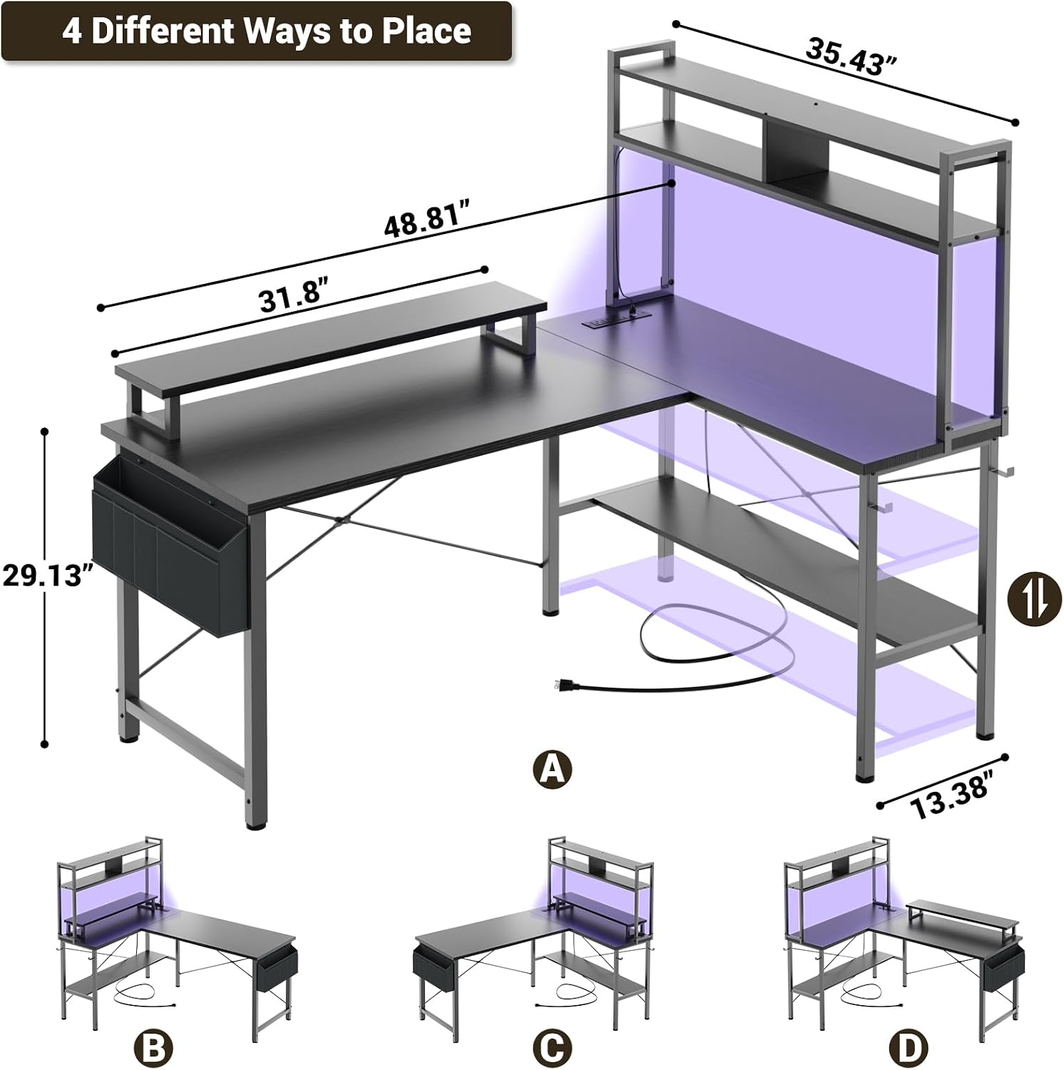Detalle de Aheaplus L-shaped desk, 48.82 inches wide