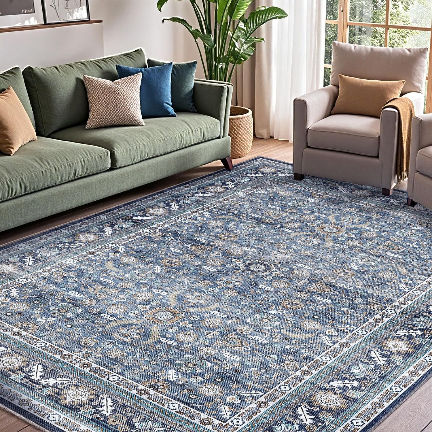 Detalle de OPPODREAM Vintage Blue 5x7 Rug — Distressed Faux Wool, Non-Slip & Machine Washable