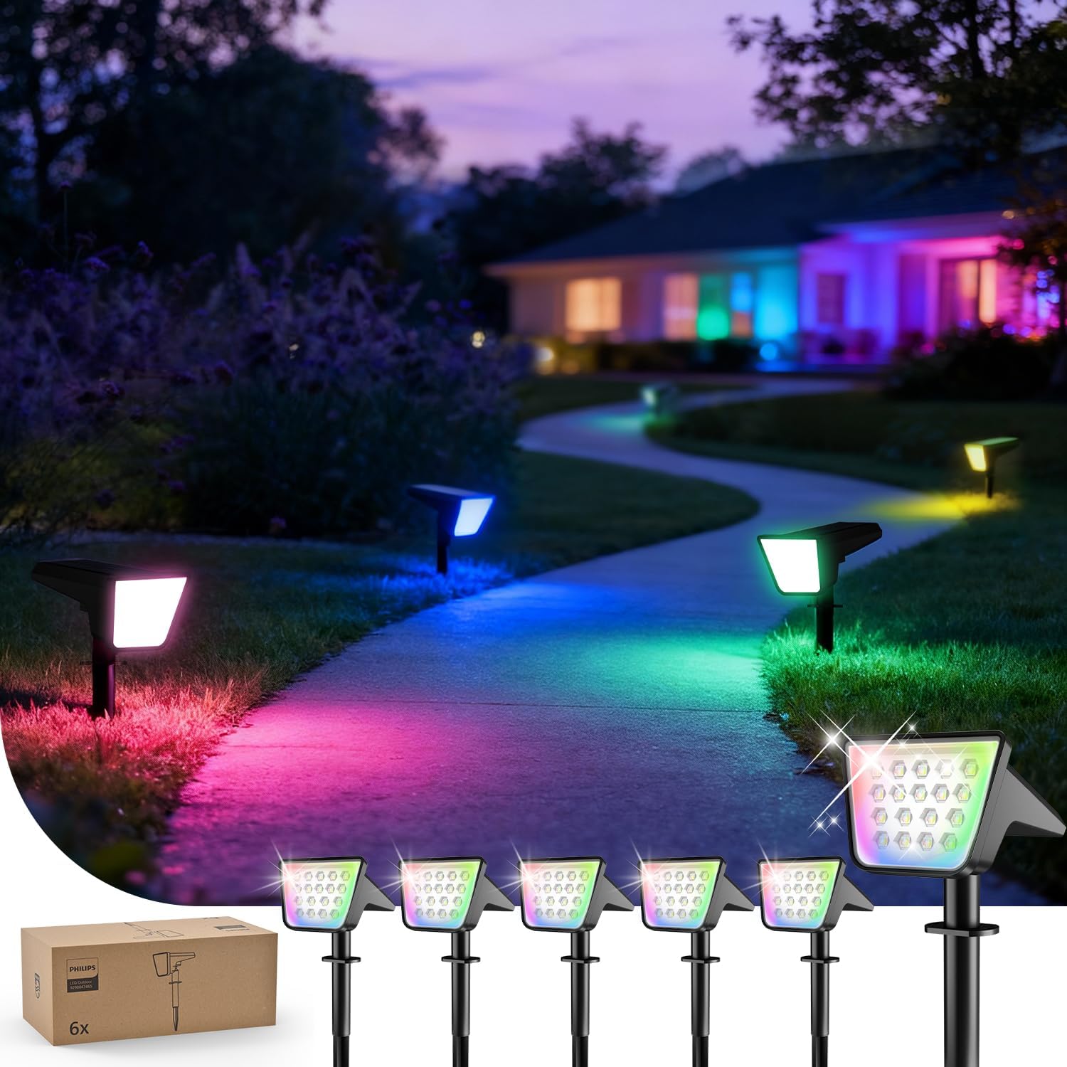 Detalle de Philips 6er-Set Solarstrahler für Außen – 18 LEDs RGBW, Dusk to Dawn, wetterfest