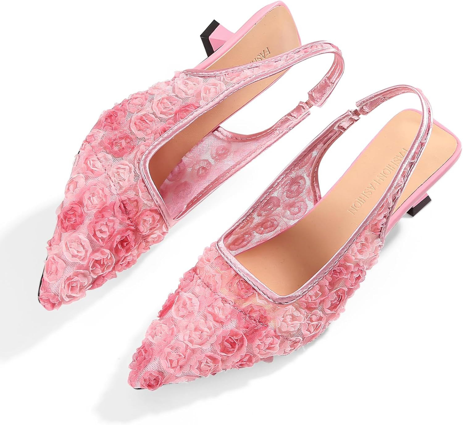 Detalle 2 de Elegant Lace Kitten Heels for Women – Slingback Pointed Toe Floral Mesh Dress Shoes
