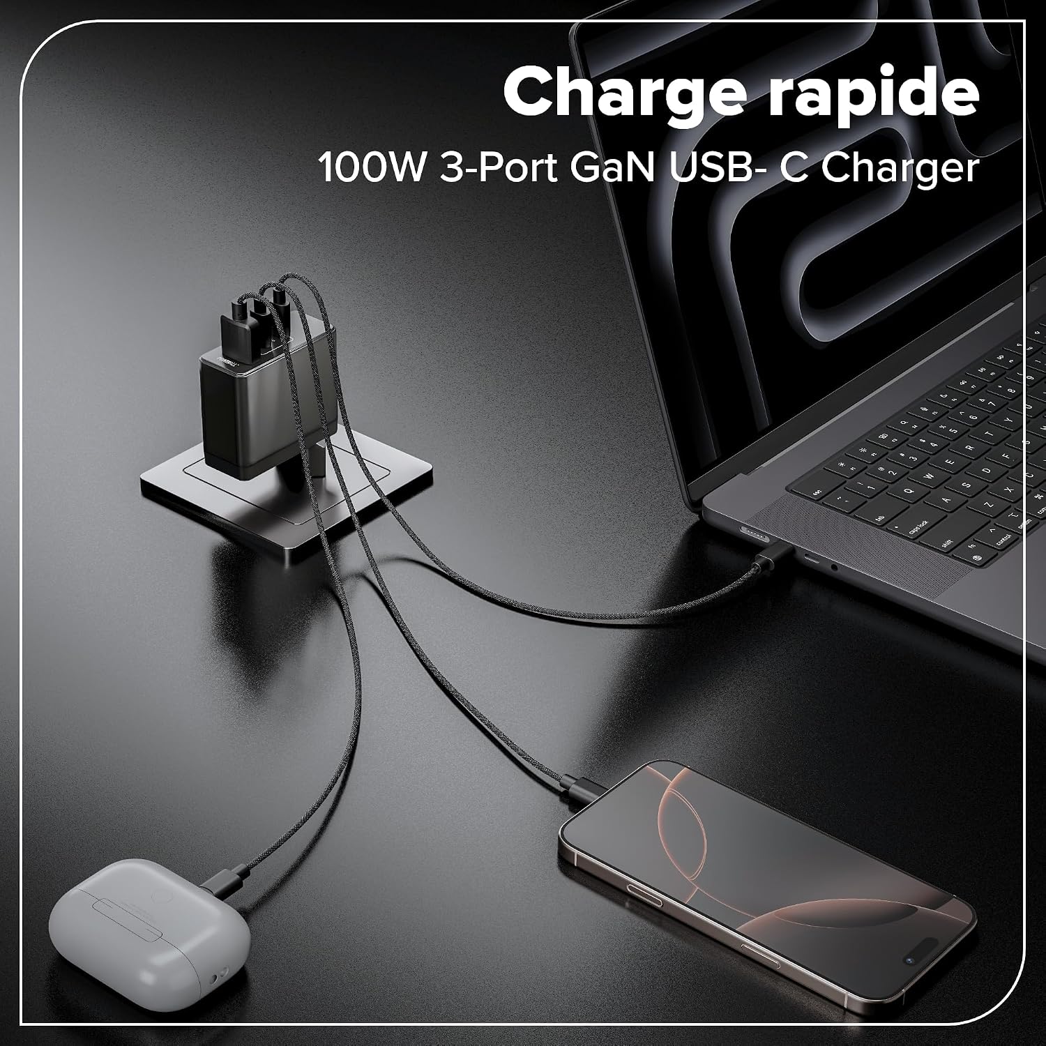 Detalle de Greenworks Chargeur USB-C 100 W PPS – Ultra-compact et polyvalent pour MacBook, iPhone et plus