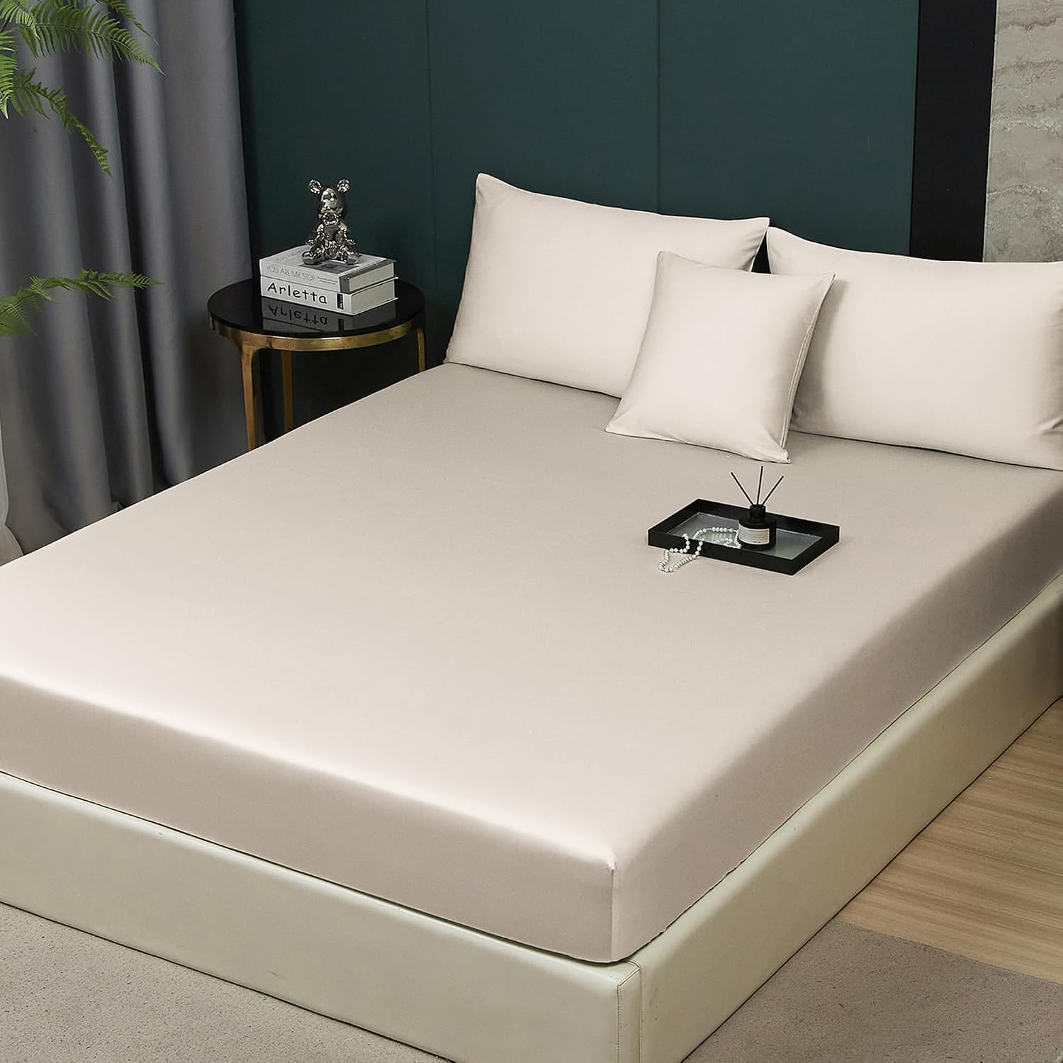 Detalle de Luofanfei Mako-Satin Spannbettlaken aus Baumwolle, 100 x 200 cm, für Matratzenhöhe bis 25–30 cm (Beige)