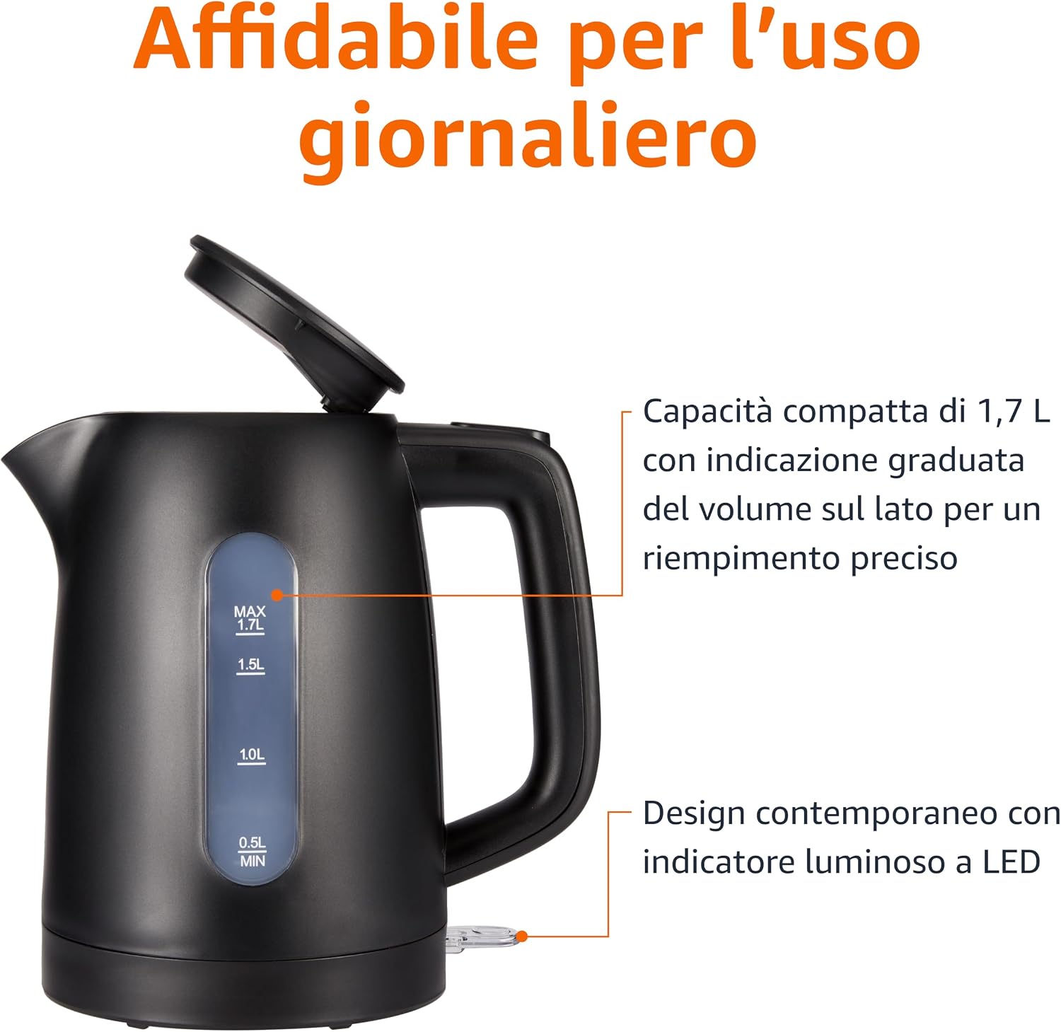 Detalle 2 de Amazon Basics Bollitore Elettrico 1,7L 2200 W: pratico, sicuro e con base girevole