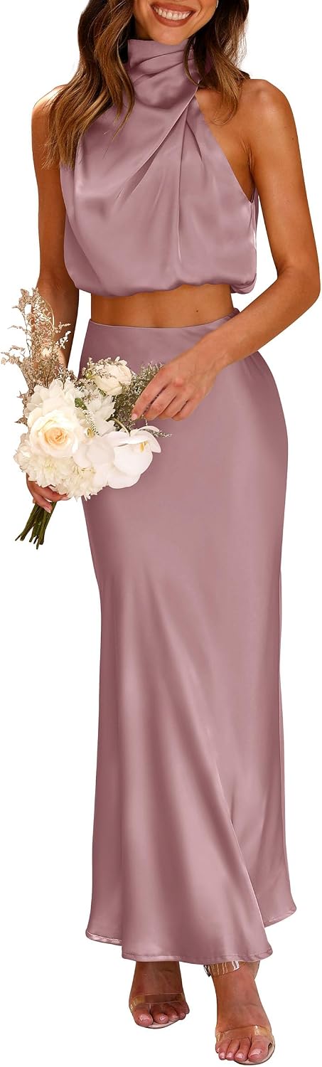 Detalle de PRETTYGARDEN Women's 2 Piece Satin Outfits: Mock Neck Crop Top & Long Skirt Set