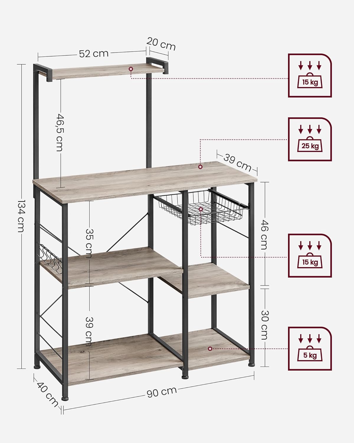 Thumbnail 4 de VASAGLE KKS035B02 Scaffale da cucina mobile con supporto microonde, cestino e 6 ganci Greige/Nero