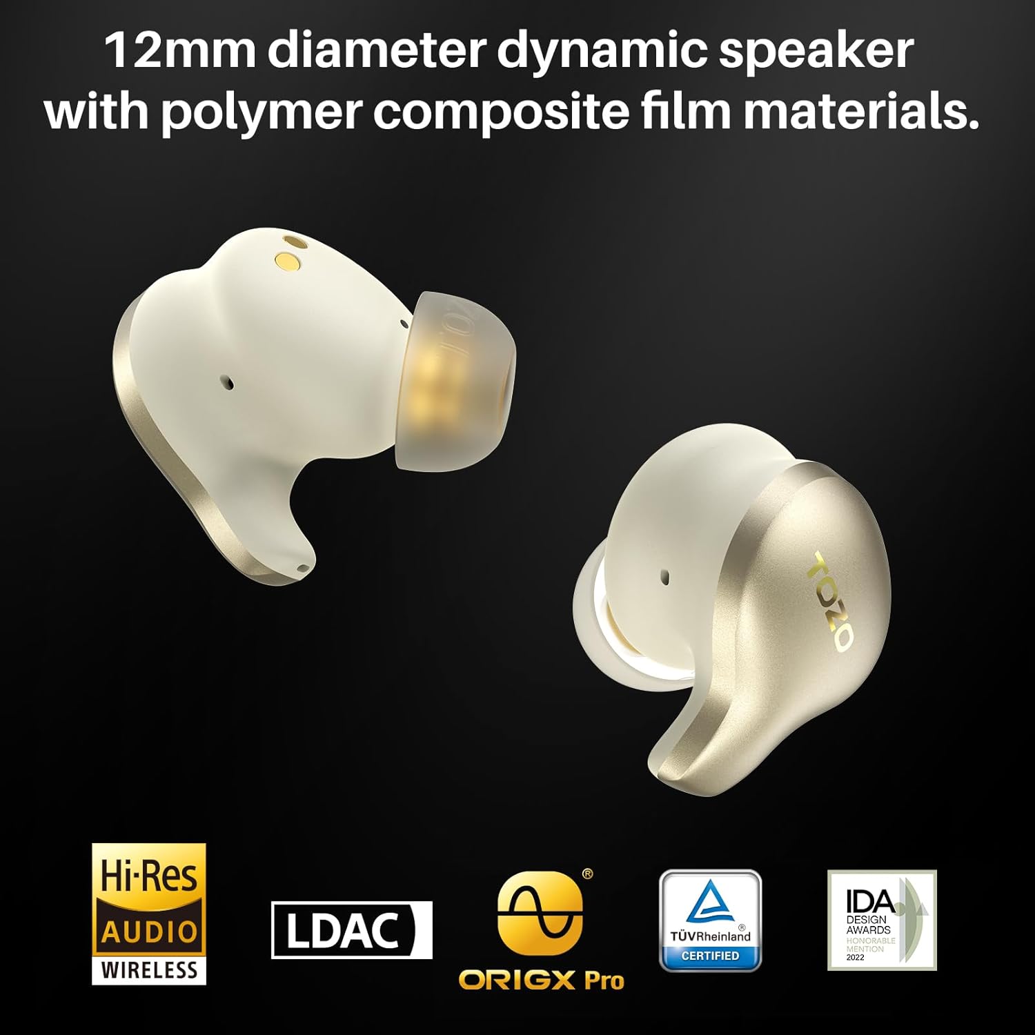 Detalle de TOZO Golden X1 Wireless Earbuds: Hybrid Driver, LDAC, and ANC in Champagne