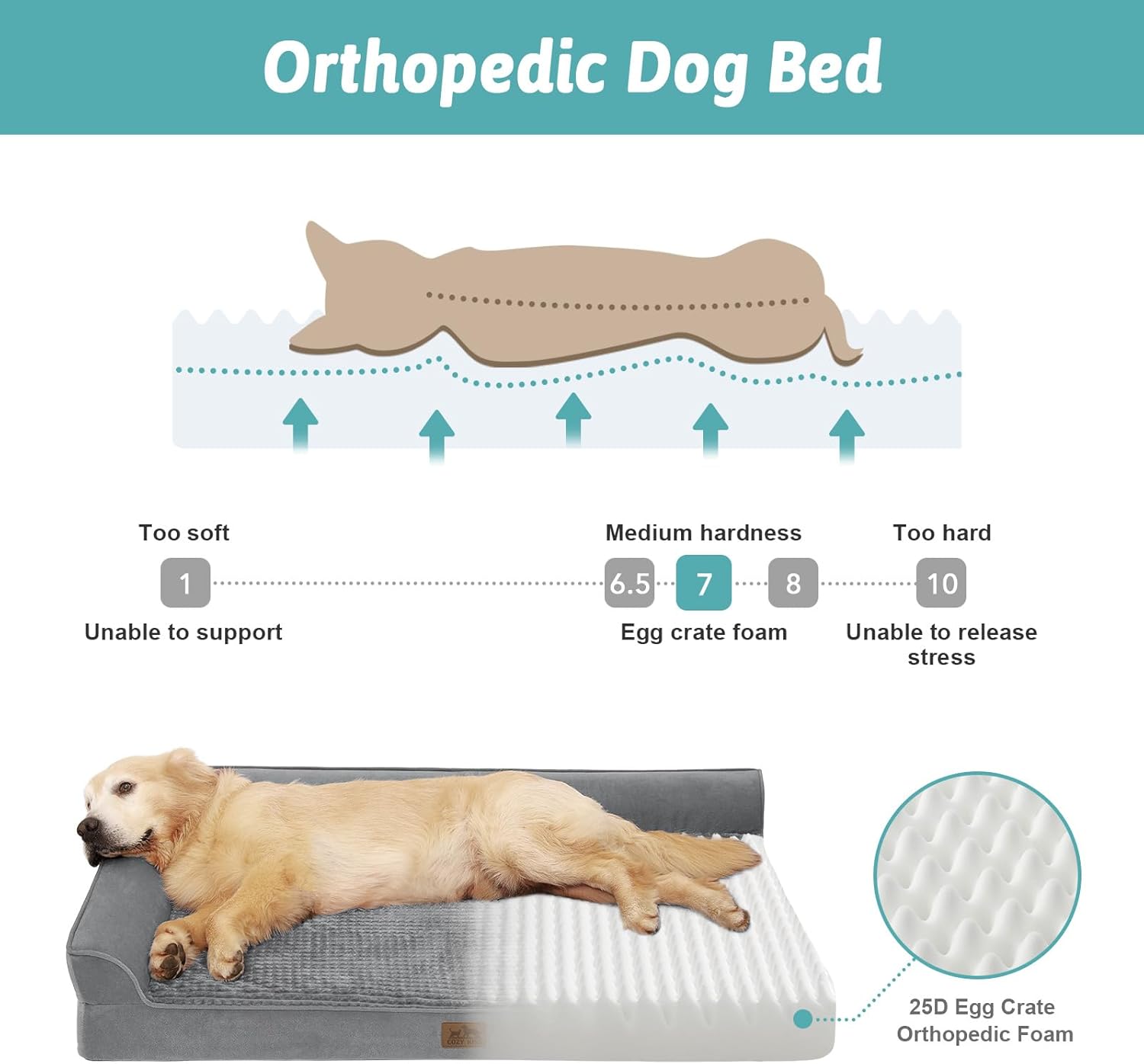 Detalle de COSY KISS Orthopedic Dog Bed — XL Grey, 44 × 32 × 7 inches (112 × 81 × 18 cm)