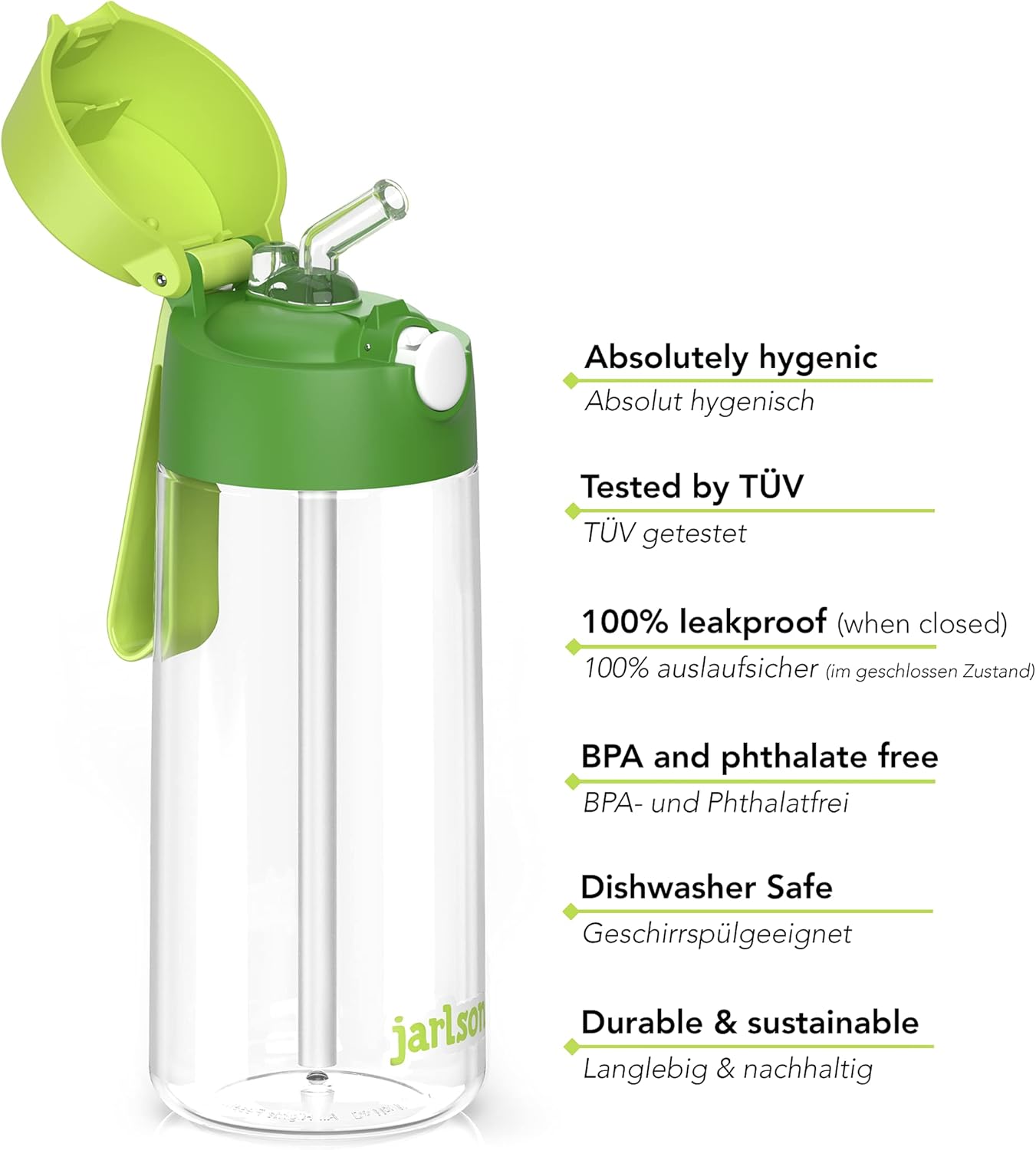 Detalle de JARLSON Borraccia Bambini EMI 500ML – Borracce Antigoccia con Cannuccia, Lavabile in Lavastoviglie, Senza BPA e ftalati (Verde)