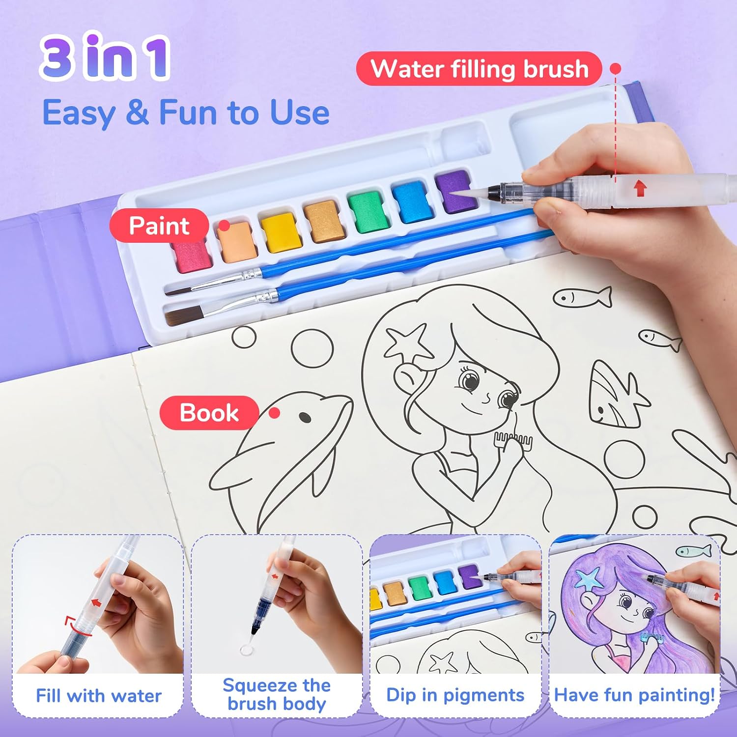 Thumbnail 6 de JoyCat Paint with Water Coloring Books for Toddlers (Purple) – 3-in-1 Watercolour Set for Kids Aged 3–5