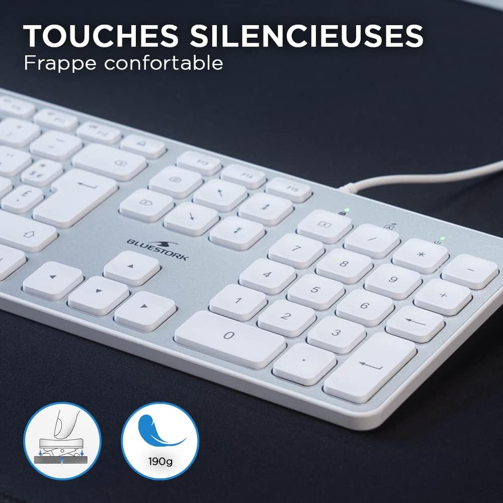 Thumbnail 1 de Bluestork Clavier Français AZERTY Filaire pour Mac — touches concaves silencieuses, 13 raccourcis multimédia, USB/USB-C