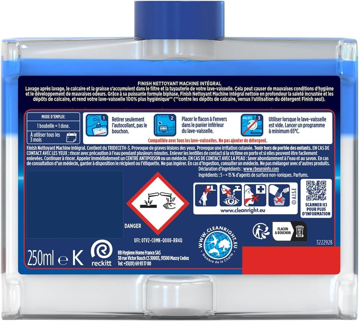 Detalle de Finish Nettoyant Machine Intégral – Lot de 4 x 250 ml pour lave-vaisselle