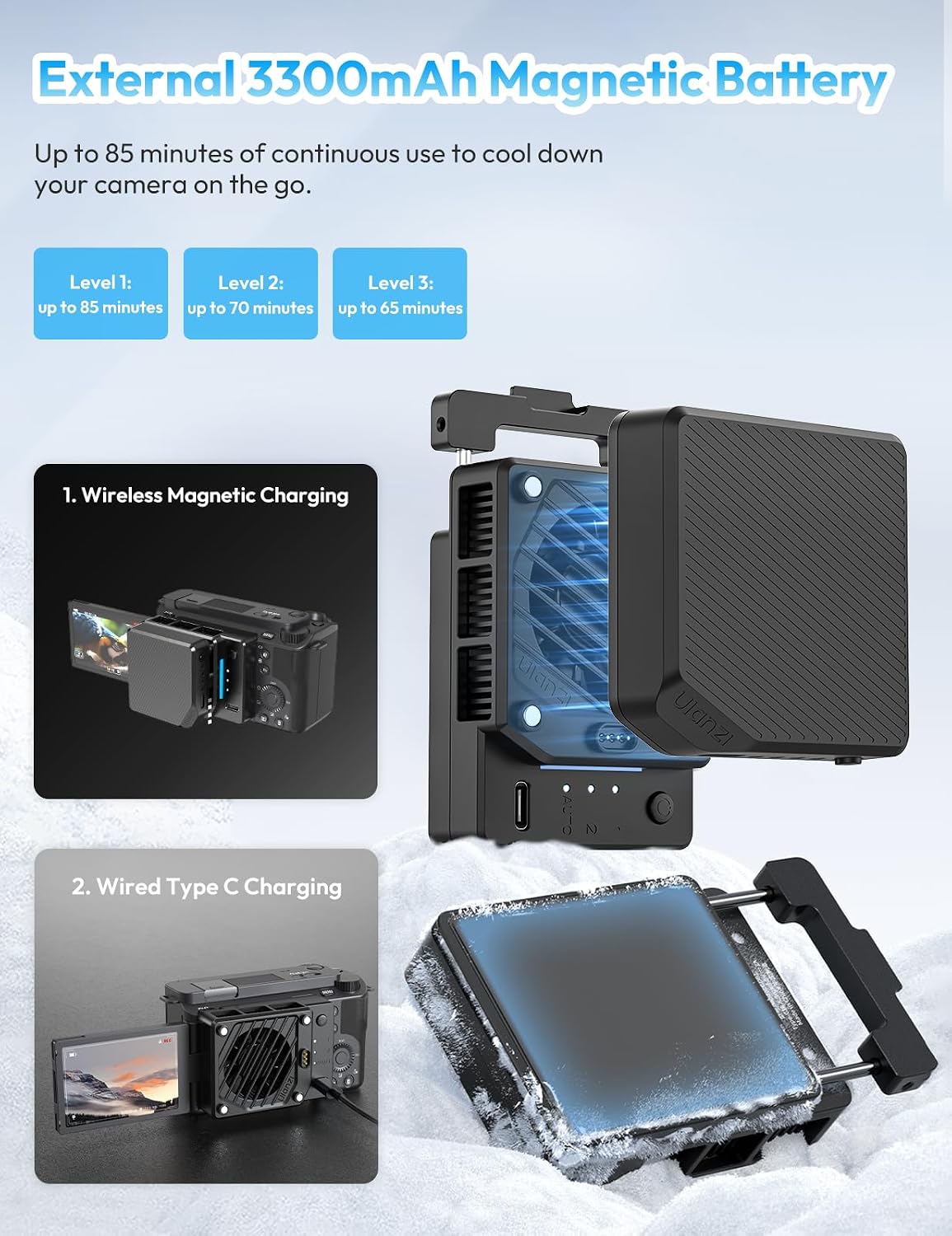 Detalle de ULANZI CU01 : refroidisseur pour appareil photo avec ventilateur, batterie 3300 mAh et charge USB Type-C