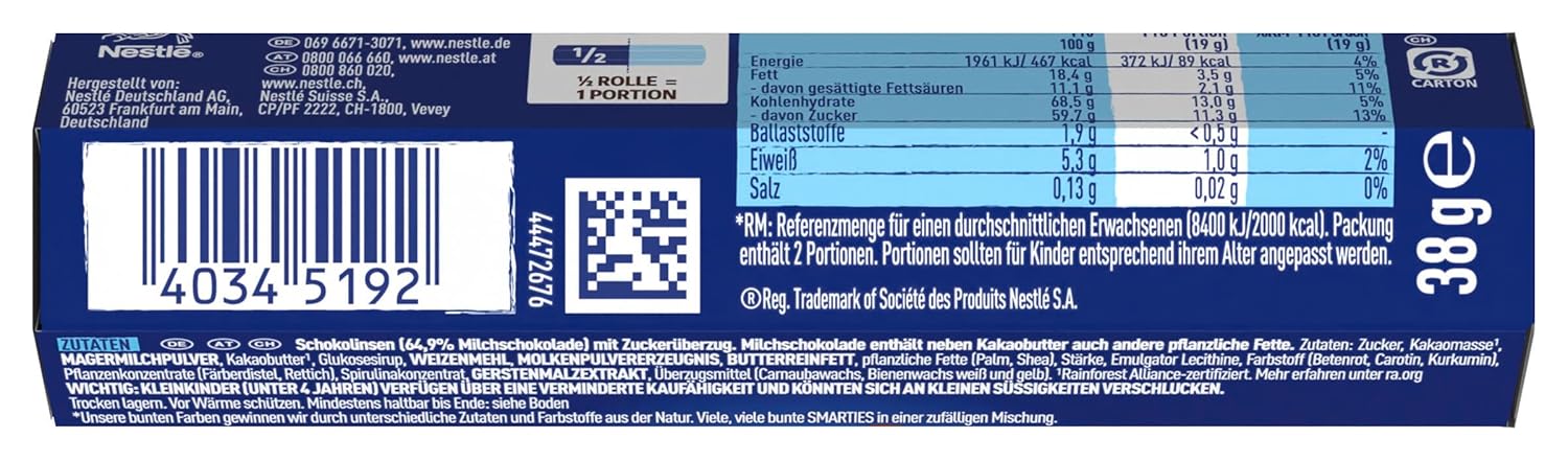 Detalle de Nestlé SMARTIES Hexagon-Rolle: bunte Schokolinsen im 24er Pack (Hexagon-Rolle)
