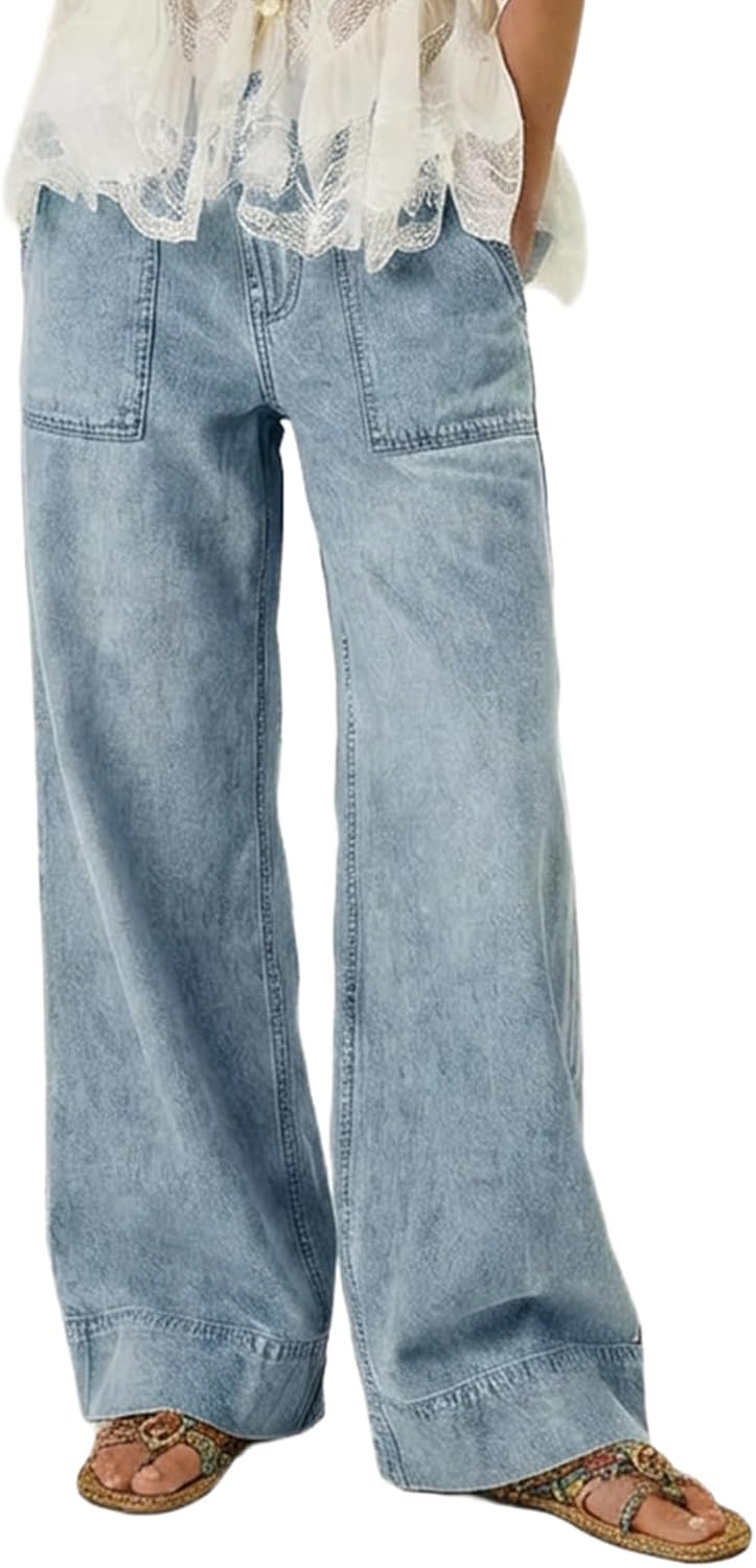 Detalle de Vidiva Women's Wide Leg Jeans: Soft Baggy Pull-On Denim for Effortless Y2K Vibe