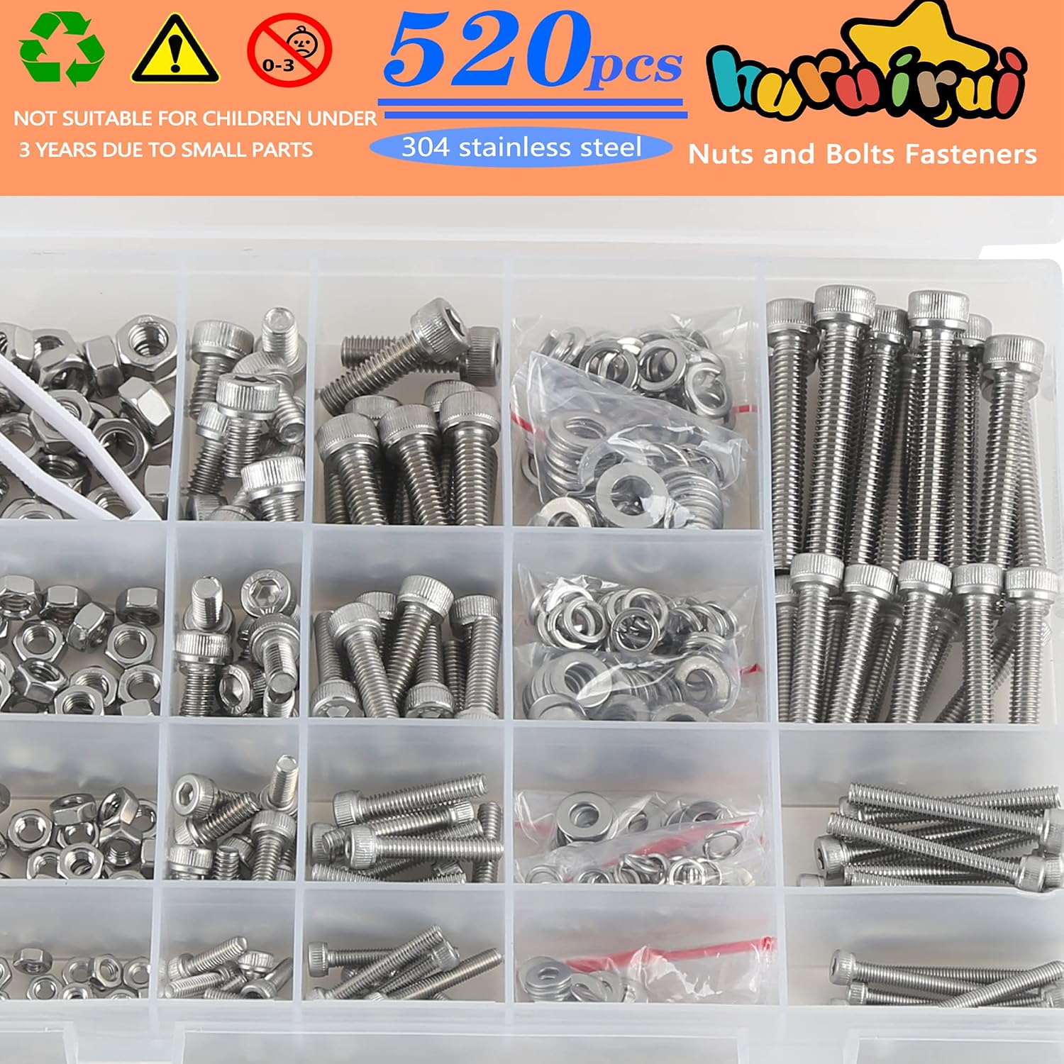 Detalle de huruirui 520-Piece M3–M6 Stainless Steel 304 Hex-Head Fastener Set