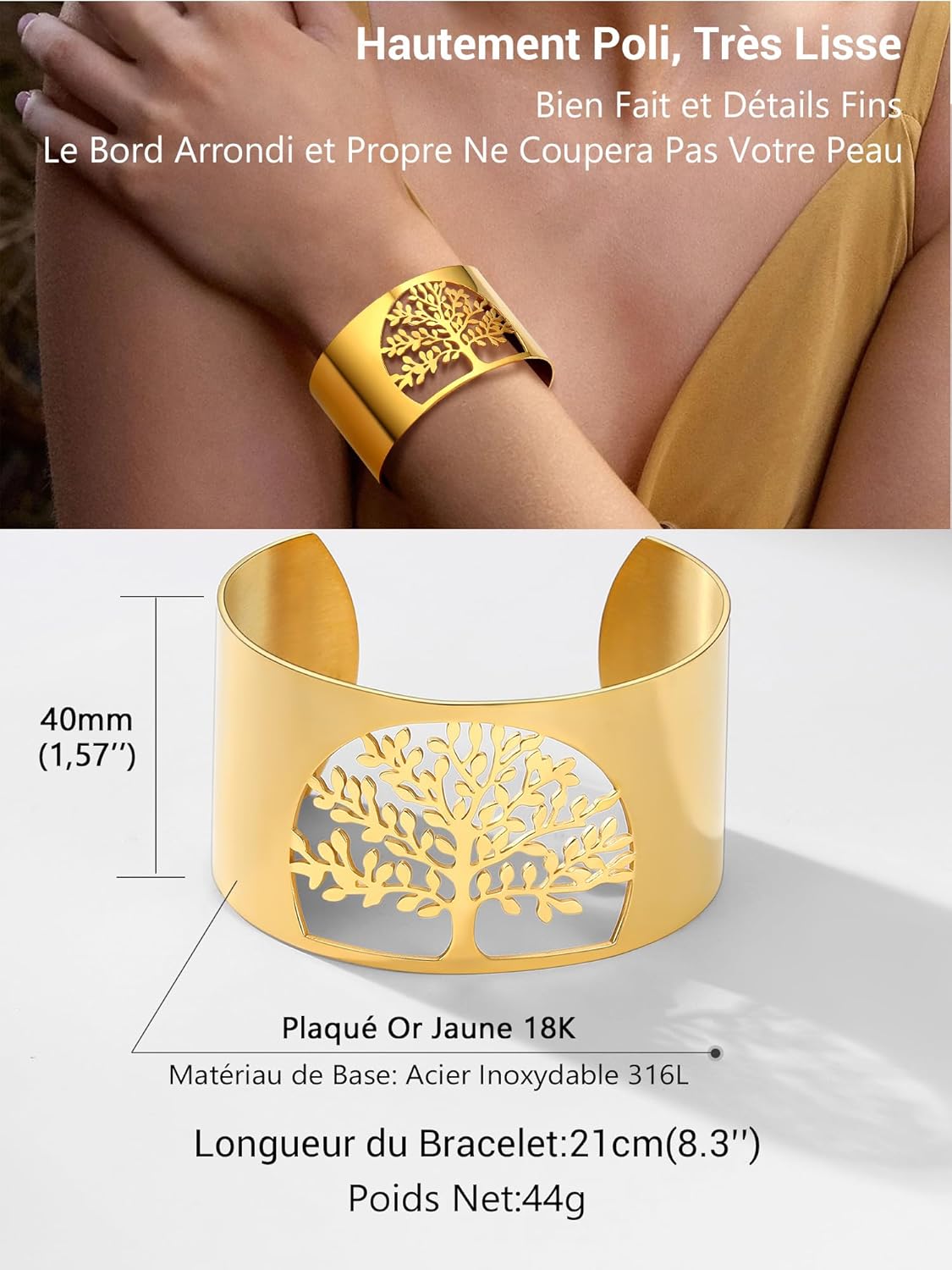 Thumbnail 4 de Bracelet manchette ouvert PROSTEEL en acier 316L, motif arbre de vie