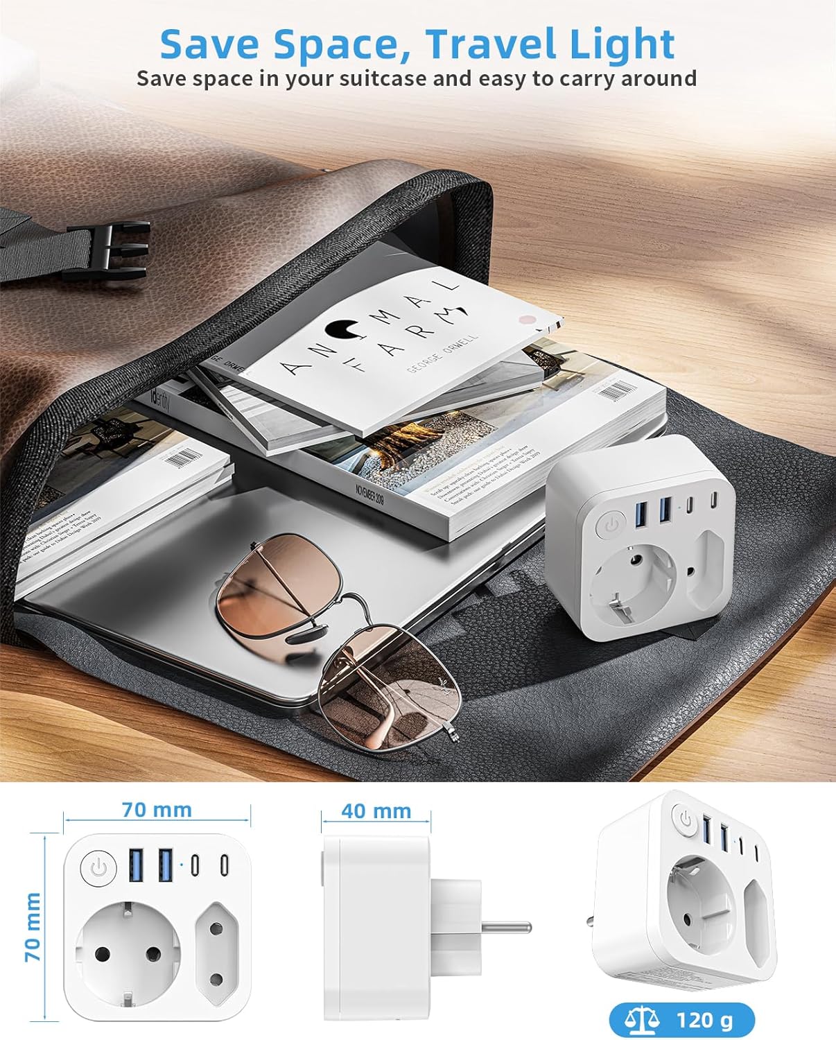 Detalle de SUDEERY Steckdosenleiste mit USB (2 Typ-C) – 2-fach Mehrfachstecker, 6-in-1, Weiß